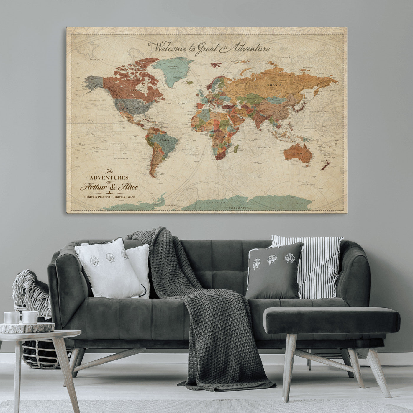 Rehber01-MGV-CV-36X24-Personalized Antique World Map Canvas Print – Custom Push Pin Travel Map Vintage Gift for Couples Explorers for Home, Office
