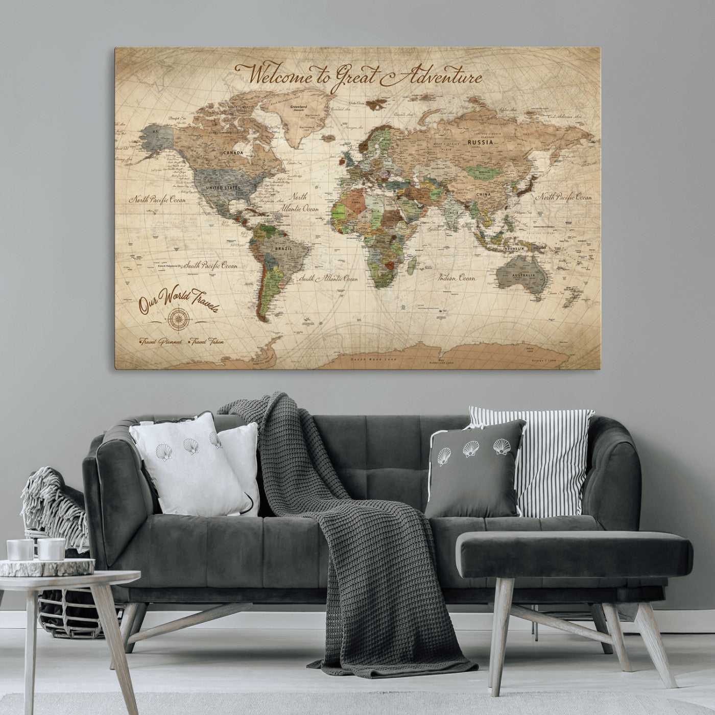 -Personalized Antique World Map Canvas Print – Custom Push Pin Travel Tracker Vintage Adventure Gift for Couples for Home, Office