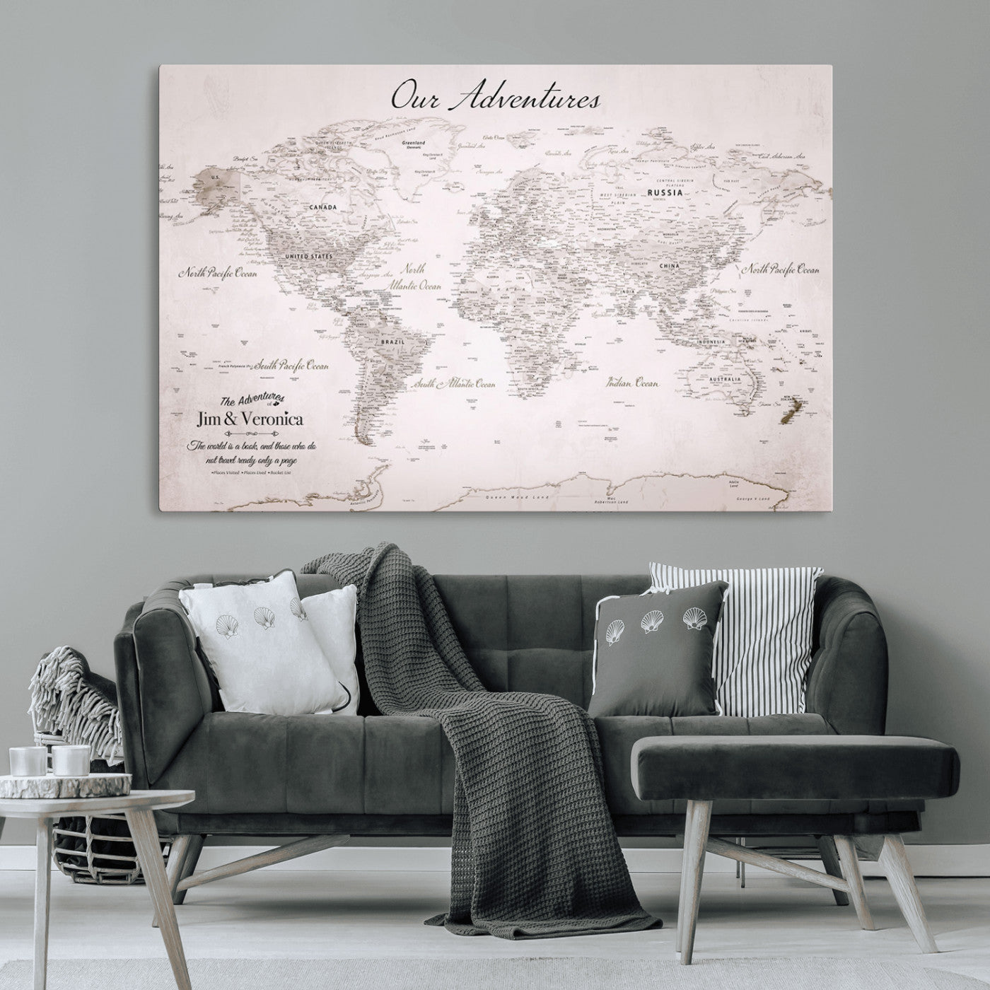 14561774-MGV-CV-36X24-Custom Push Pin World Map Wall Art – Personalized Travel Canvas Print with Foam Pins Framed Decor for Home, Office