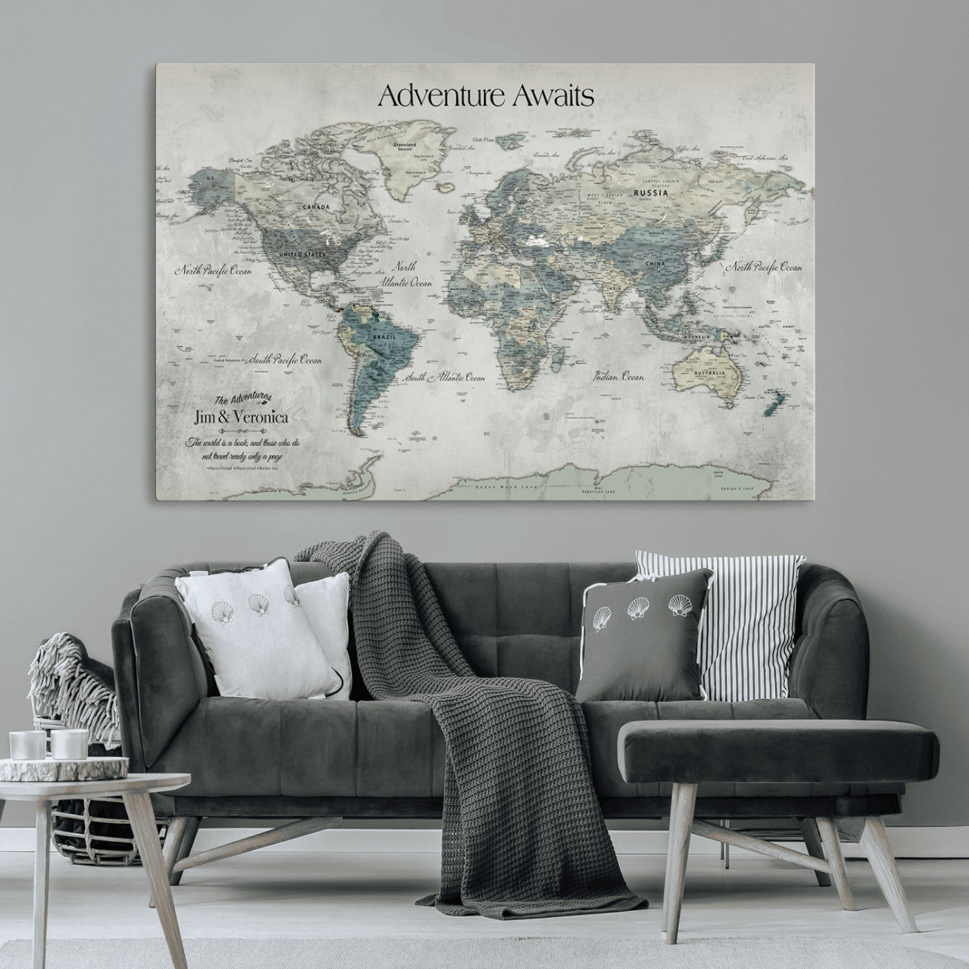 -Personalized Push Pin World Map Canvas Print – Custom Adventure Travel Map Framed Wall Art Gift for home, office