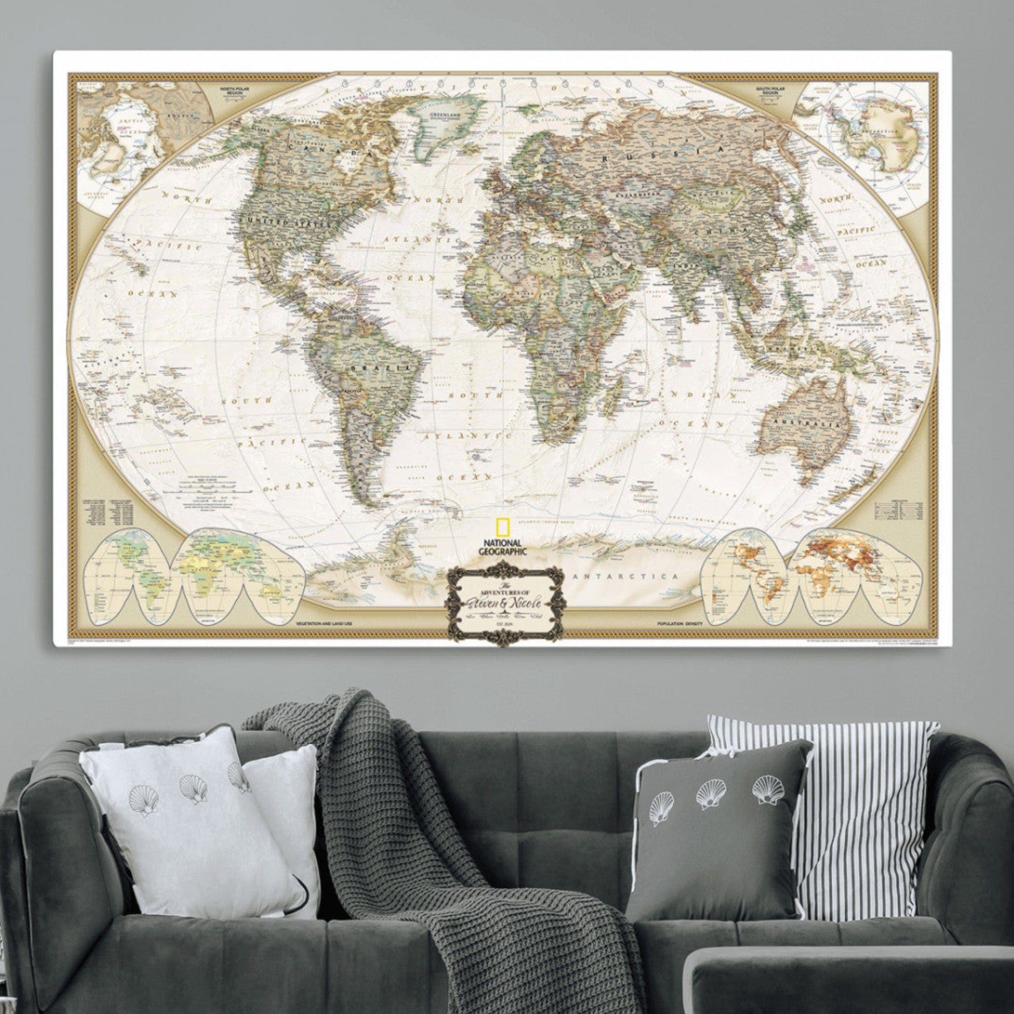 62071694-MGV-CV-36X24-World Map Wall Art Canvas – National Geographic Style Framed Map Print, Elegant Educational Wall Decor for Home, Office