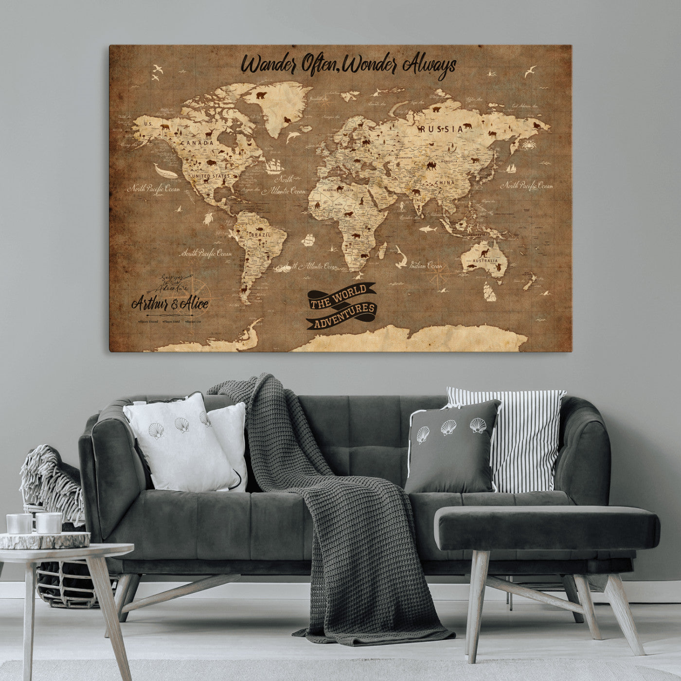 Rehber01-MGV-CV-36X24-Customize Push Pin World Map Wall Art Canvas Print – Personalized Kids Room Framed Map Adventure Travel for home, office