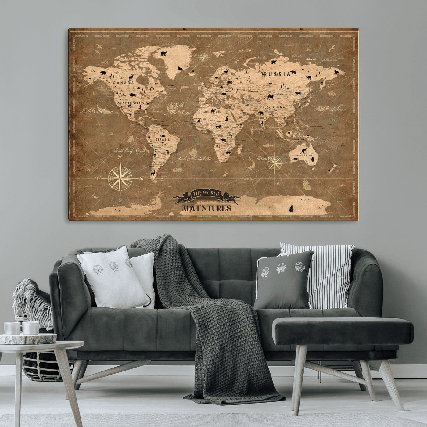 Rehber01-MGV-CV-36X24-Customize Push Pin World Map Wall Art Canvas Print – Personalized Kids Room Framed Map Travel Tracker for home, office