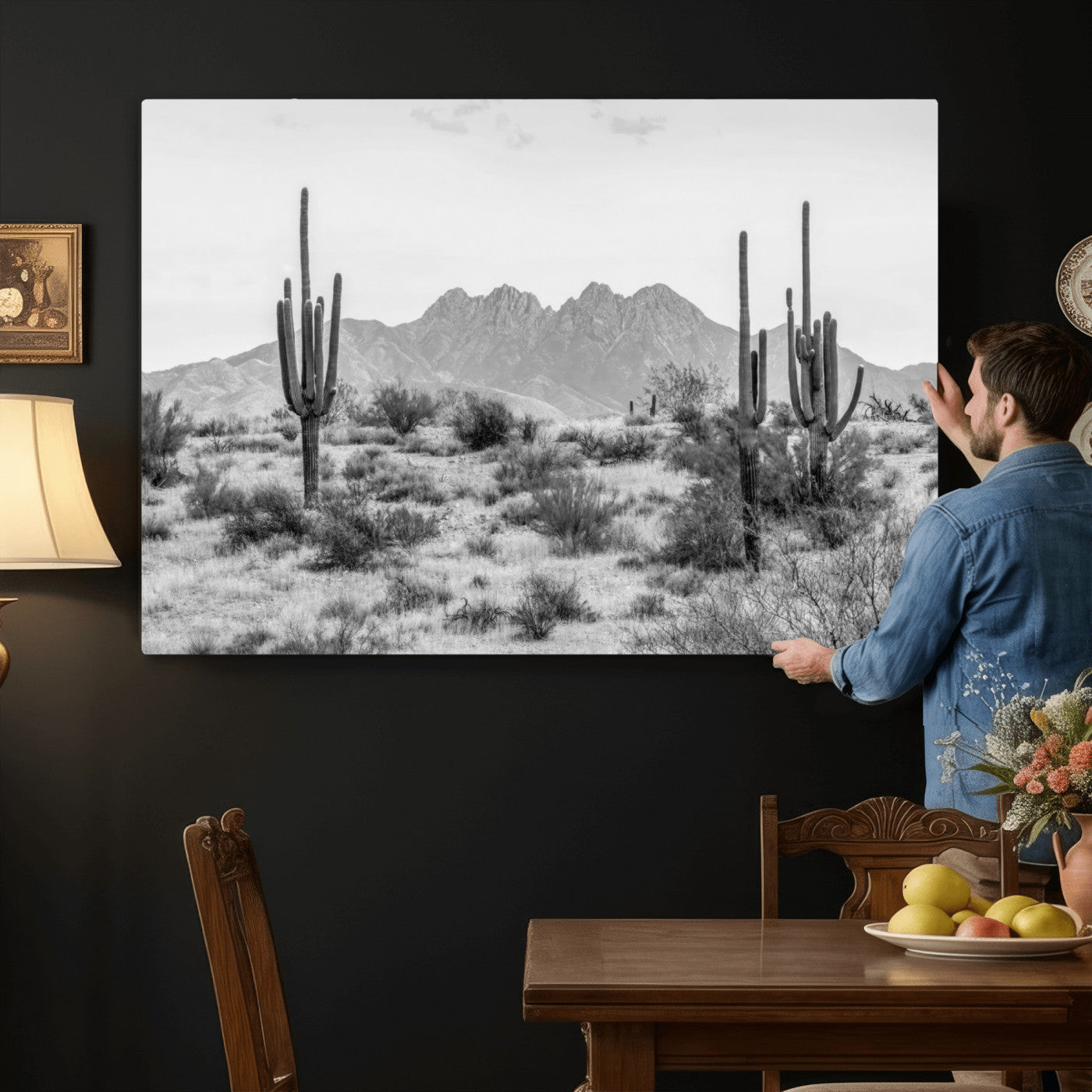 97436PHN-MGV-CV-36X24 - Black White Arizona Desert Canvas Wall Art Cactus Farmhouse Wall Art