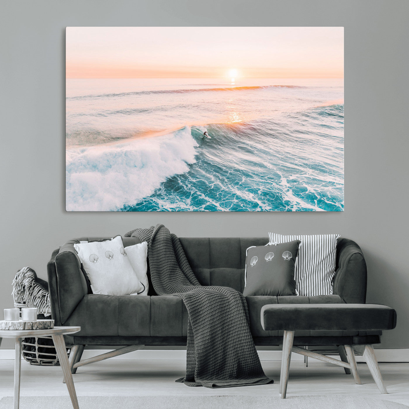 34064591-MGV-CV-36X24-Sunset Surfing Wall Art Canvas Print, Ocean Wave Surfer with Golden Sky Artwork for Home, Office, Living Room