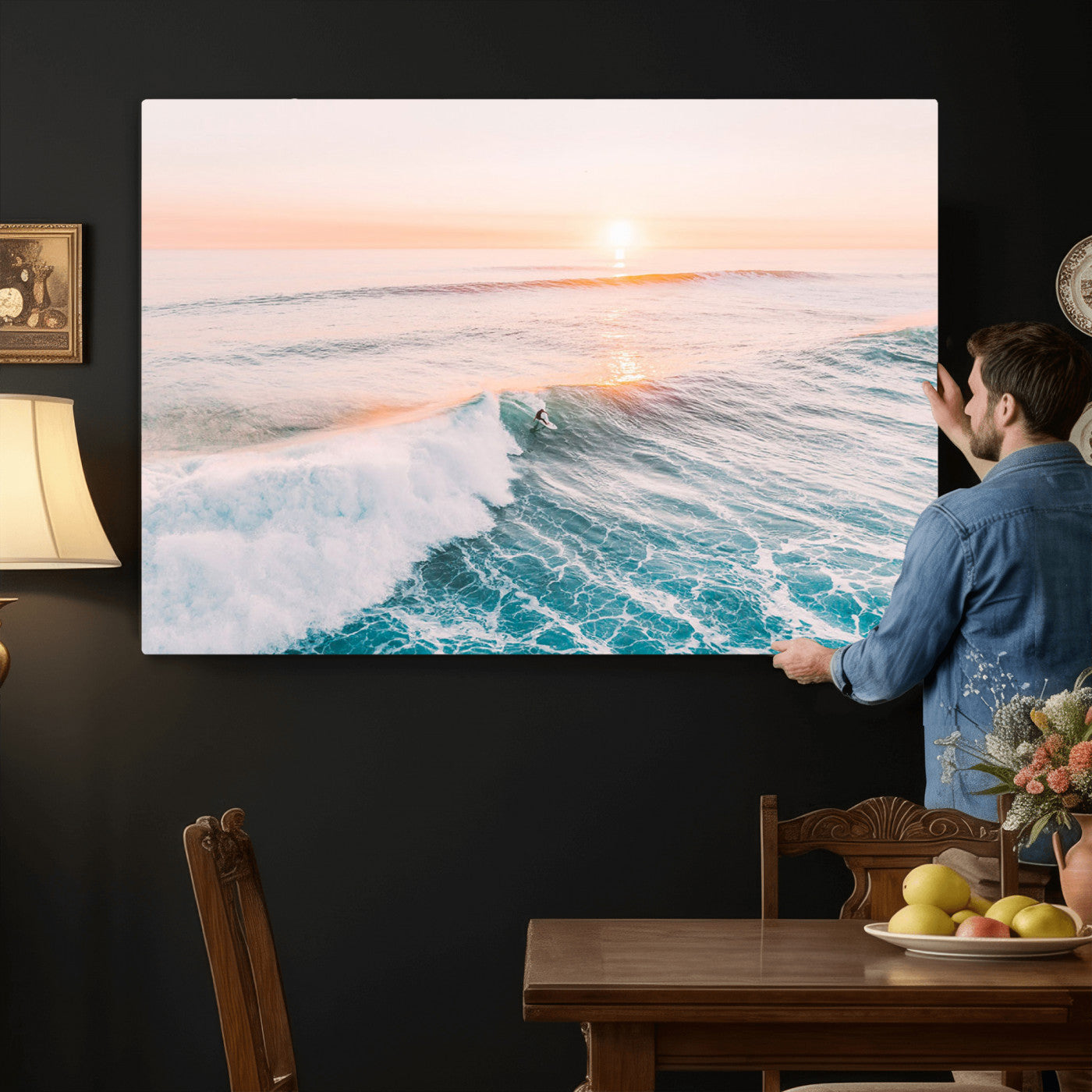 34064591-MGV-CV-36X24 - Sunset Surfing Wall Art Canvas Print, Ocean Wave Surfer with Golden Sky Artwork for Home, Office, Living Room