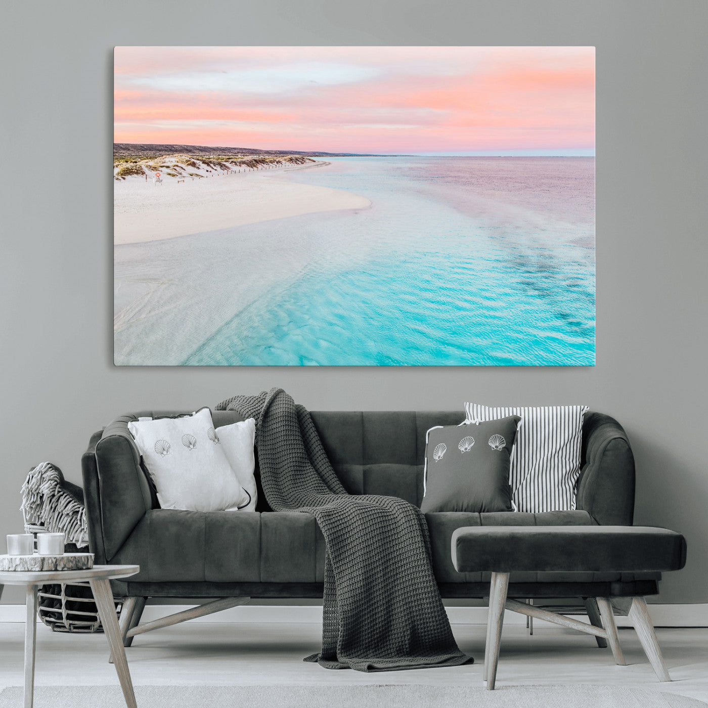 41613614-MGV-CV-36X24-Serene Pastel Beach Wall Art Canvas Print, Tranquil Coastal Sunset with Soft Ocean Hues Artwork for Home, Office