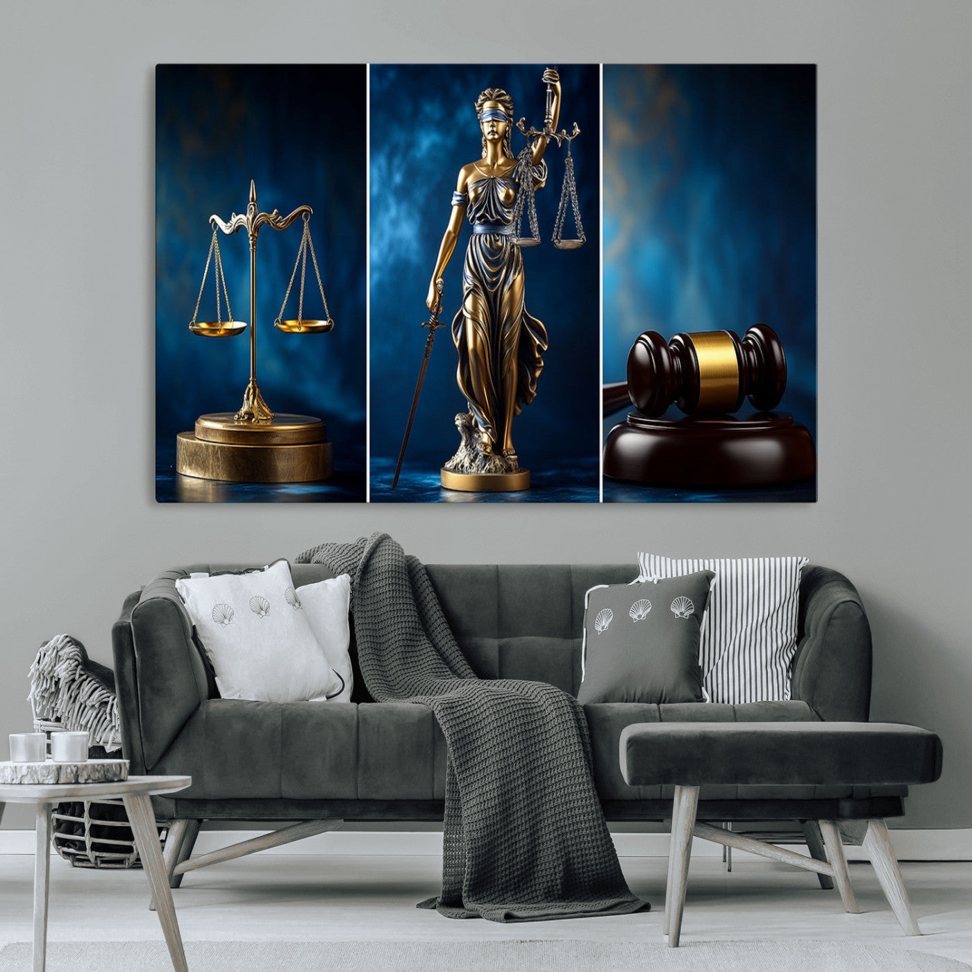 87750525-MGV-CV-36X24-Justice Scales Statue Wall Art, Lady Justice Sculpture Canvas Print, Legal Law Decor, Courtroom