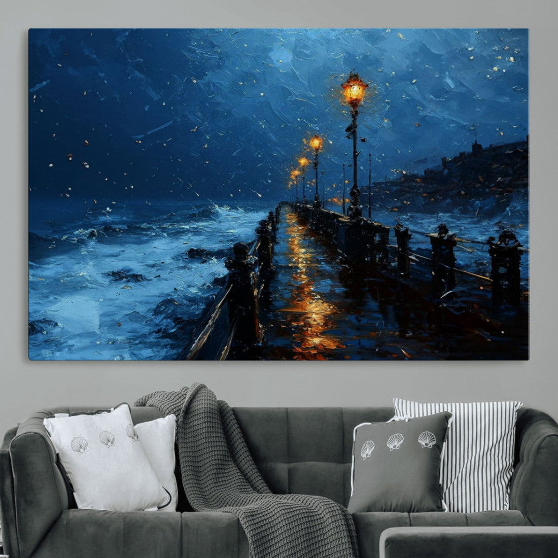 Dark Stormy Pier Wall Art Canvas Print, Moody Ocean Night Scene with Street Lamps