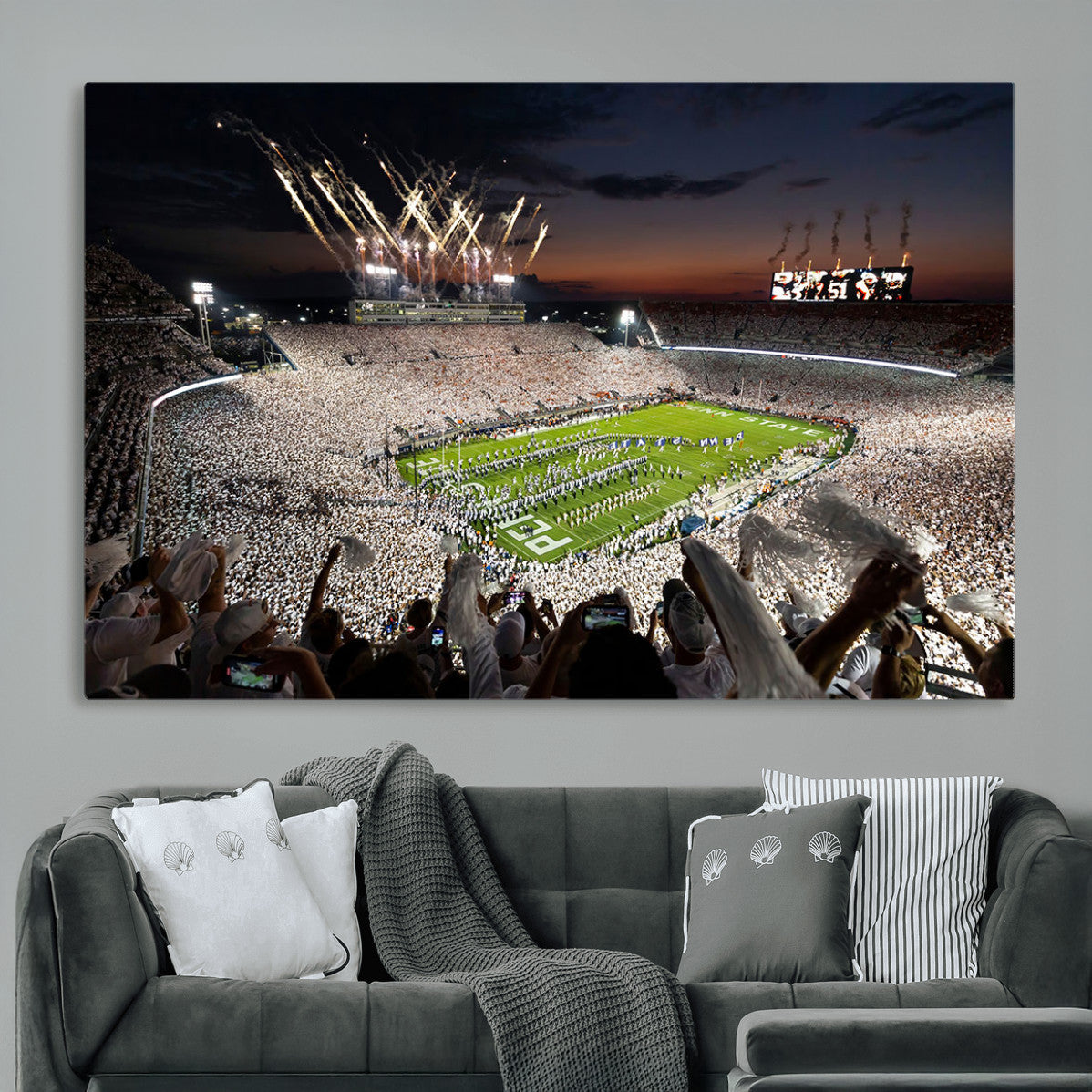 11221988-MGV-CV-36X24 - Epic Night Football Stadium Wall Art Canvas Print, Fireworks and Crowd Energy Game Day Excitement Decor for Home, Office