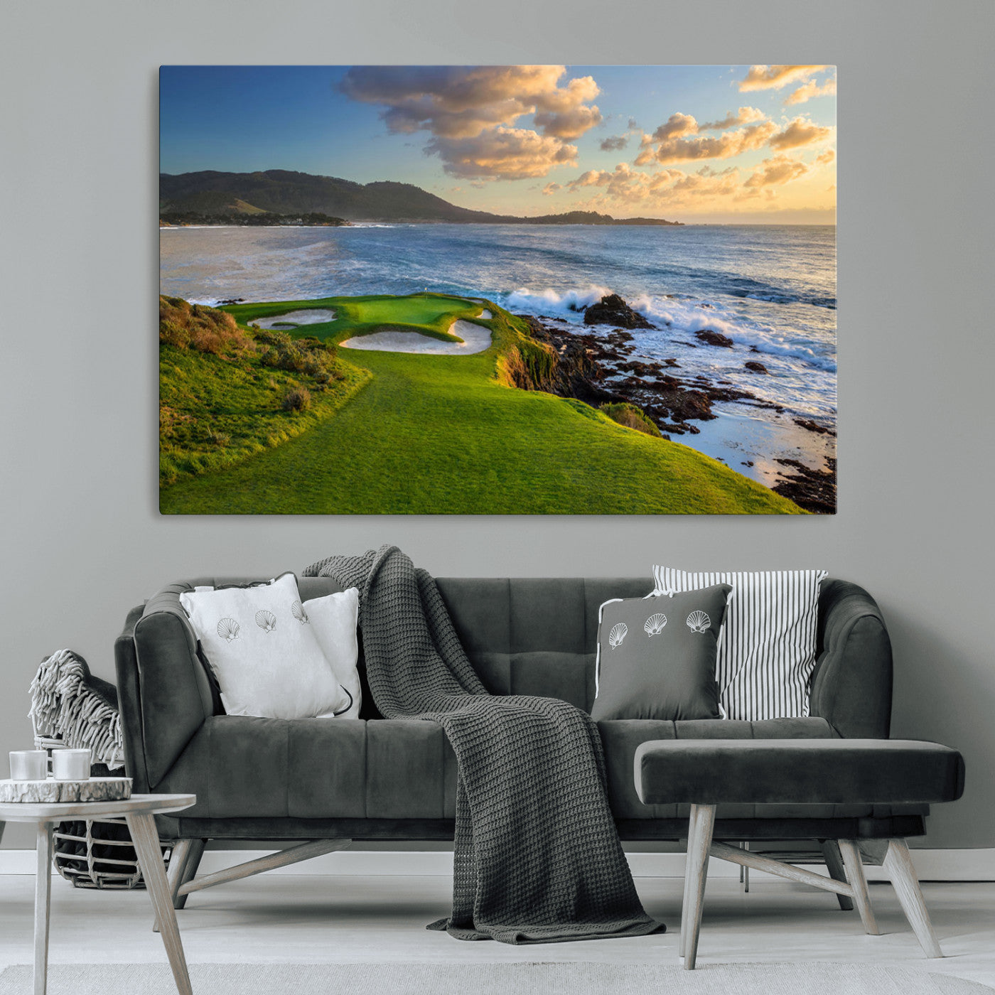 -Coastal Golf Course Wall Art Canvas Print – Sunset with Rolling Green Fairways and Ocean Waves Artwork for Home, Office