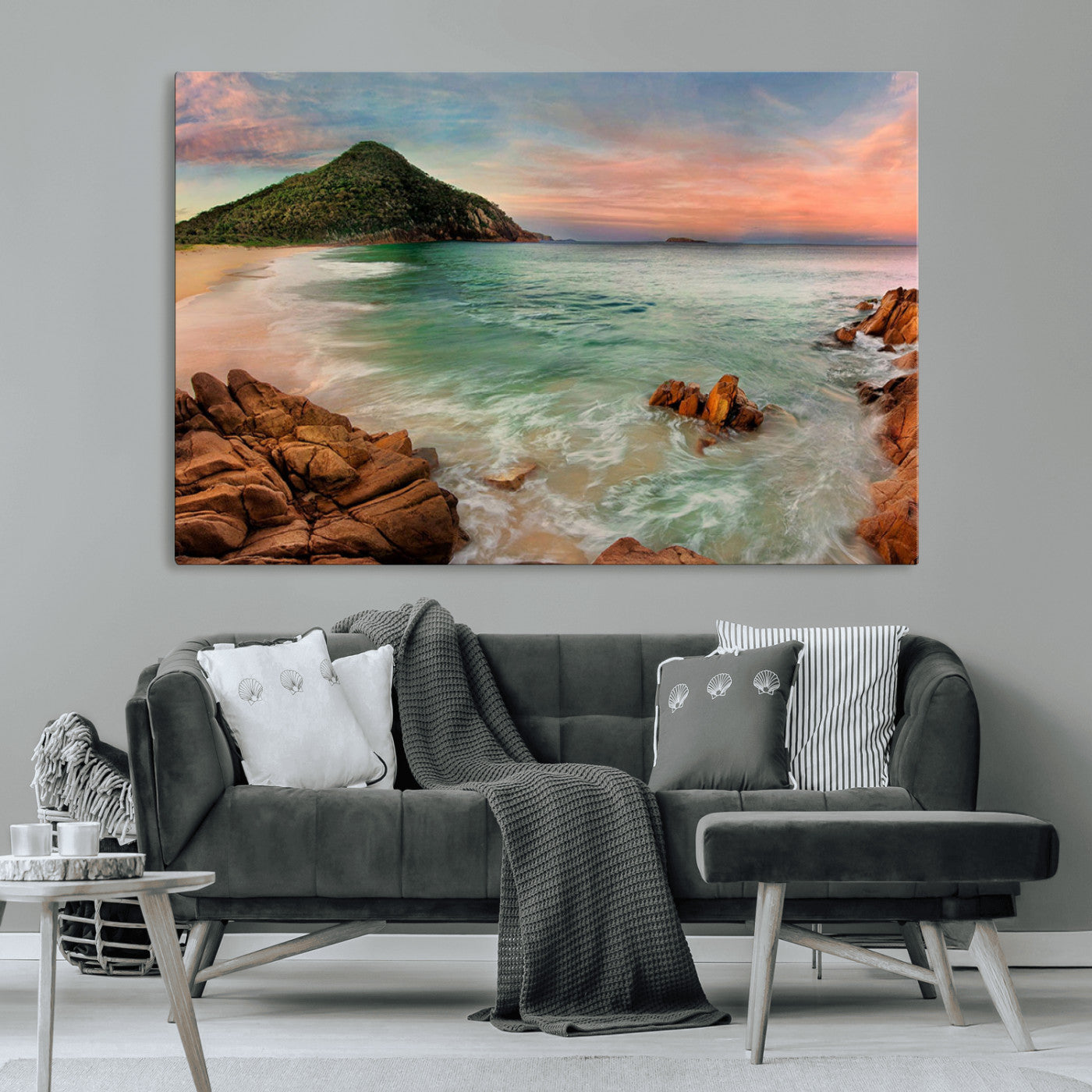 -Coastal Landscape Wall Art Canvas Print – Rocky Shore and Green Hills at Sunset Beautiful Ocean View Artwork for Home, Office