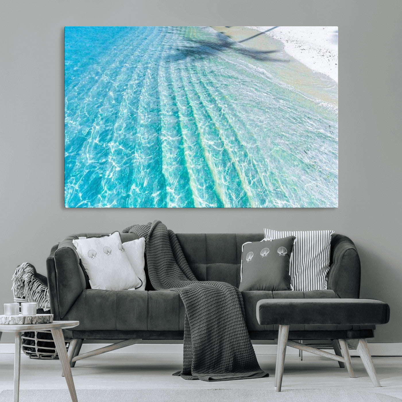 17528159-MGV-CV-36X24-Crystal Clear Shallow Ocean Water with Sunlight Reflections and Palm Tree Shadow on Sandy Beach – Beautiful Wall Art Canvas Print for Coastal Decor