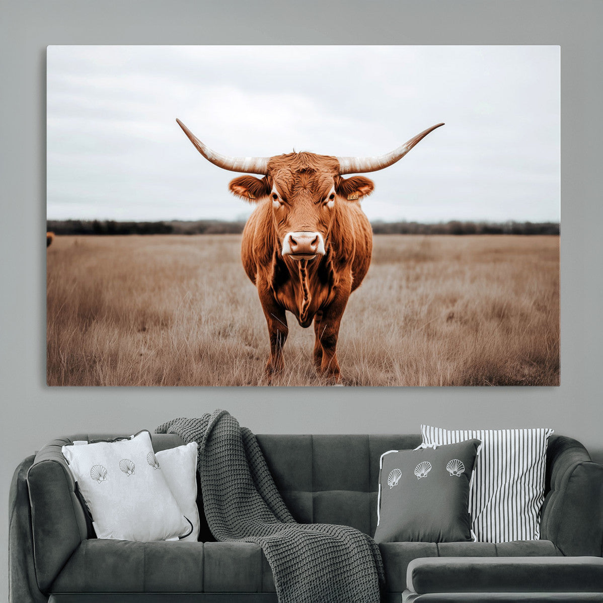 16316734-MGV-CV-36X24 - Longhorn bull, open field, rustic charm, natural beauty, Wall Art Canvas Print, countryside,