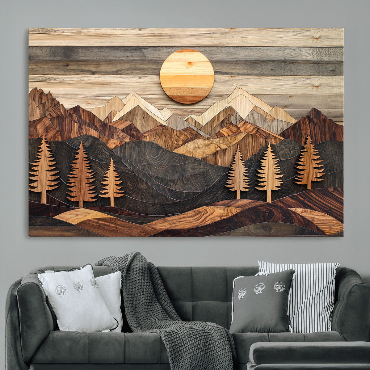 19832326-MGV-CV-36X24 - Wooden Mountain Landscape Layered Texture Geometric Shapes Sun Pine Trees Rustic Natural Tones Art