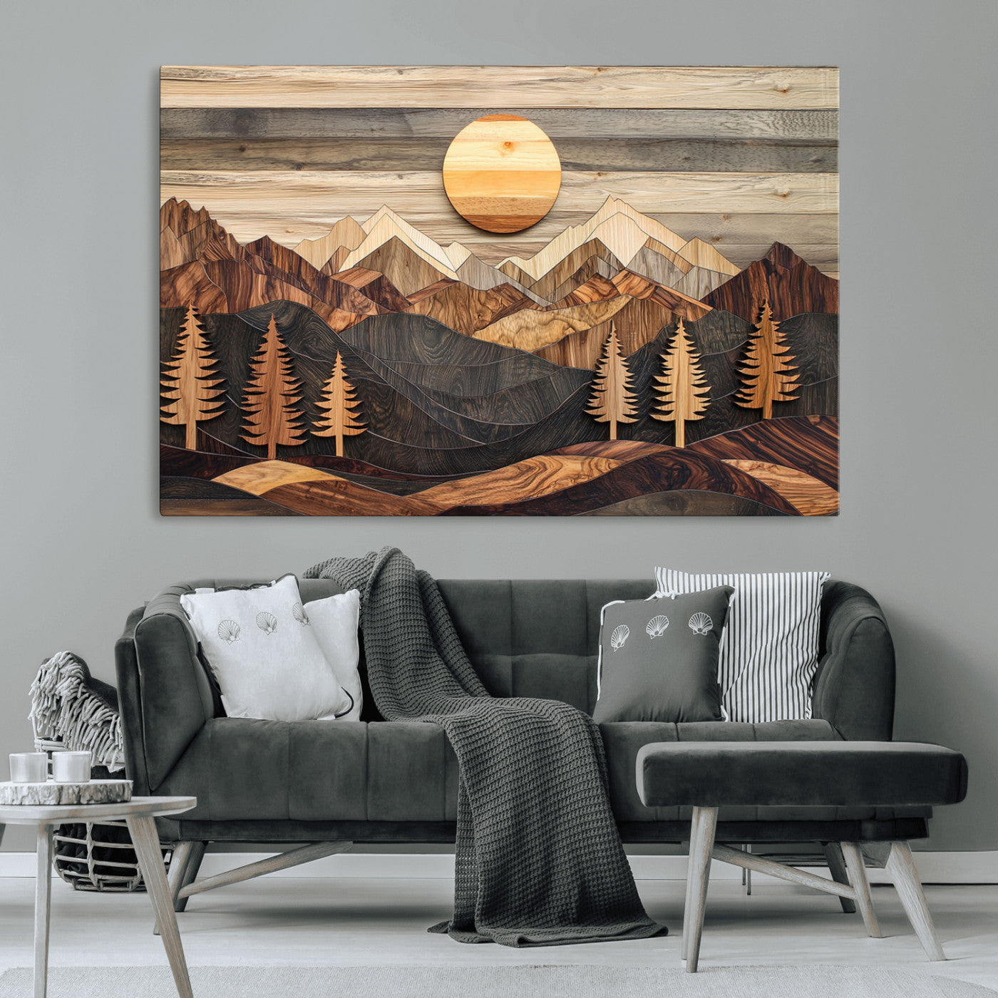 19832326-MGV-CV-36X24-Wooden Mountain Landscape Wall Art Canvas Print, Rustic Forest Pines and Sun Design Natural Warm Decor for Home, Office