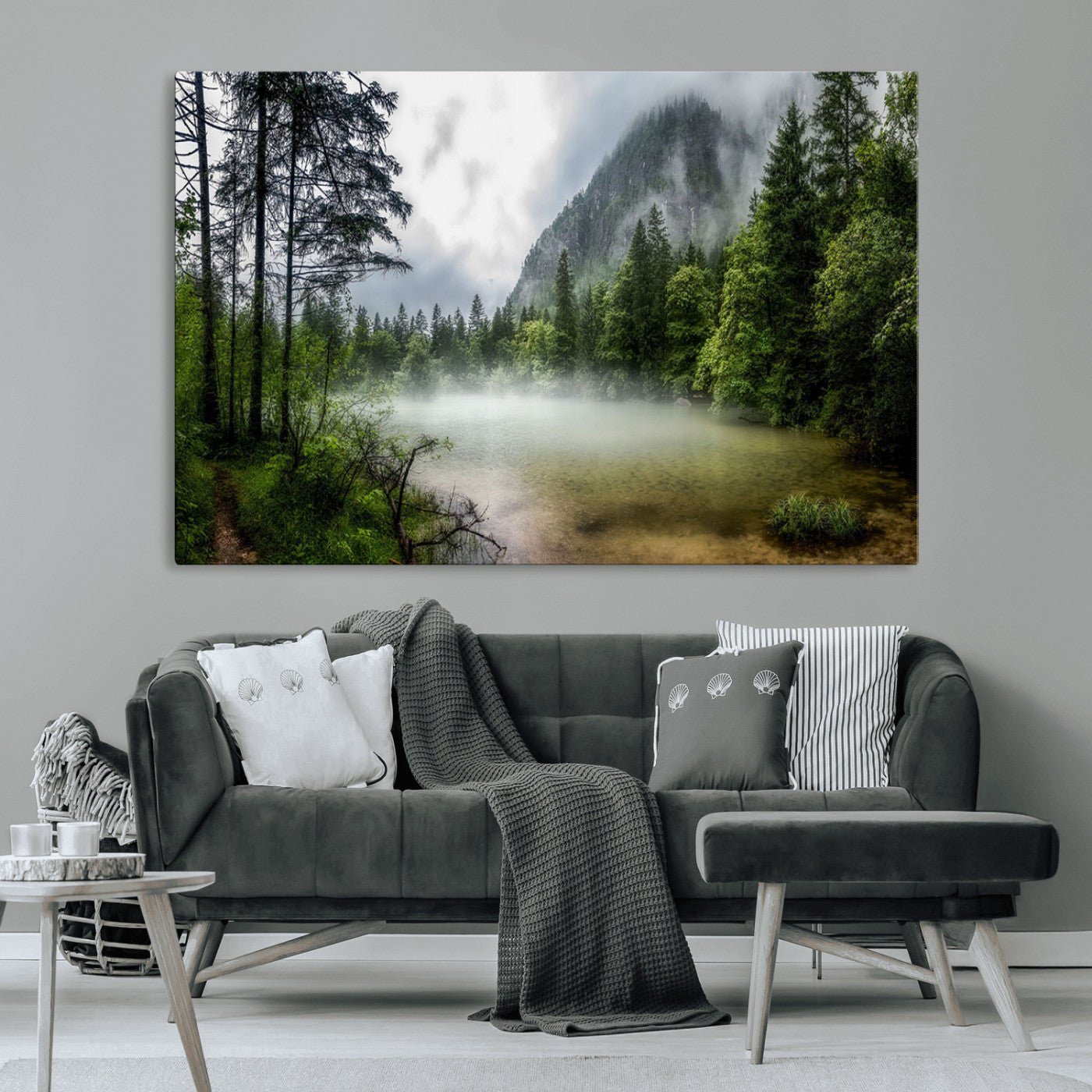 93123937-MGV-CV-36X24-Misty Lake Forest Green Trees Calm Water Reflection Mountain Fog Nature Landscape Outdoor Scenic Beauty Wall Art Canvas Print