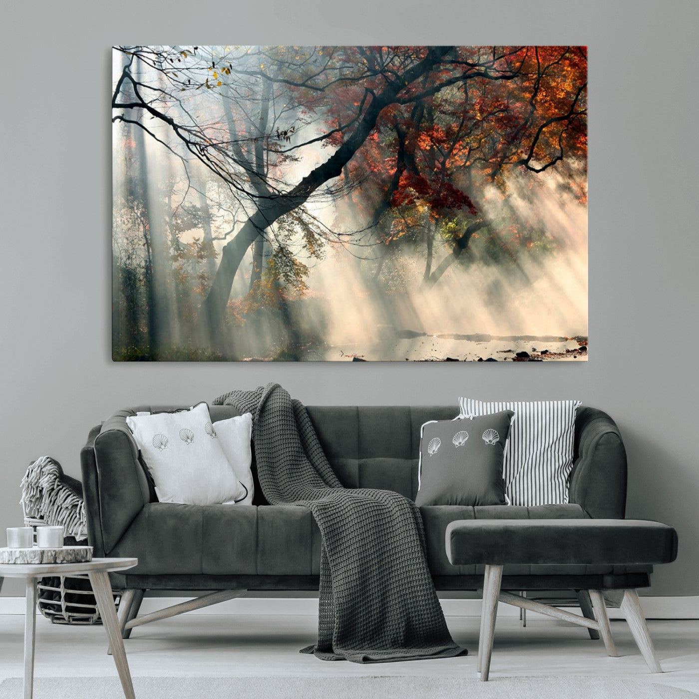36043878-MGV-CV-36X24-Sunlit Autumn Forest Mist Trees Rays Fog Nature Scenic Peaceful Tranquil Leaves Landscape Morning
