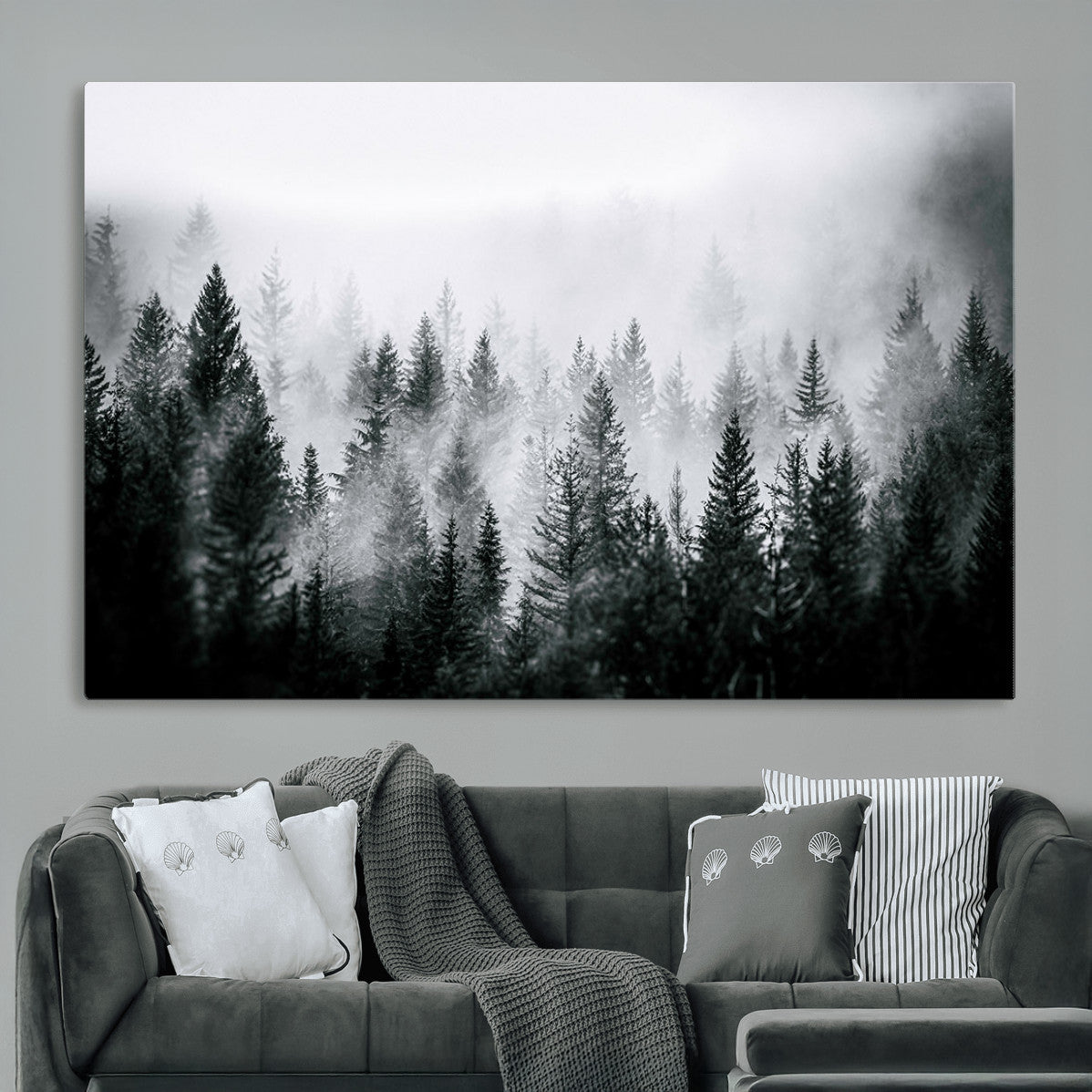 MGV-CV-36X24 - Foggy Pine Forest Canvas Wall Art, Horizontal Black and White Nature Landscape Print for Modern Home Decor