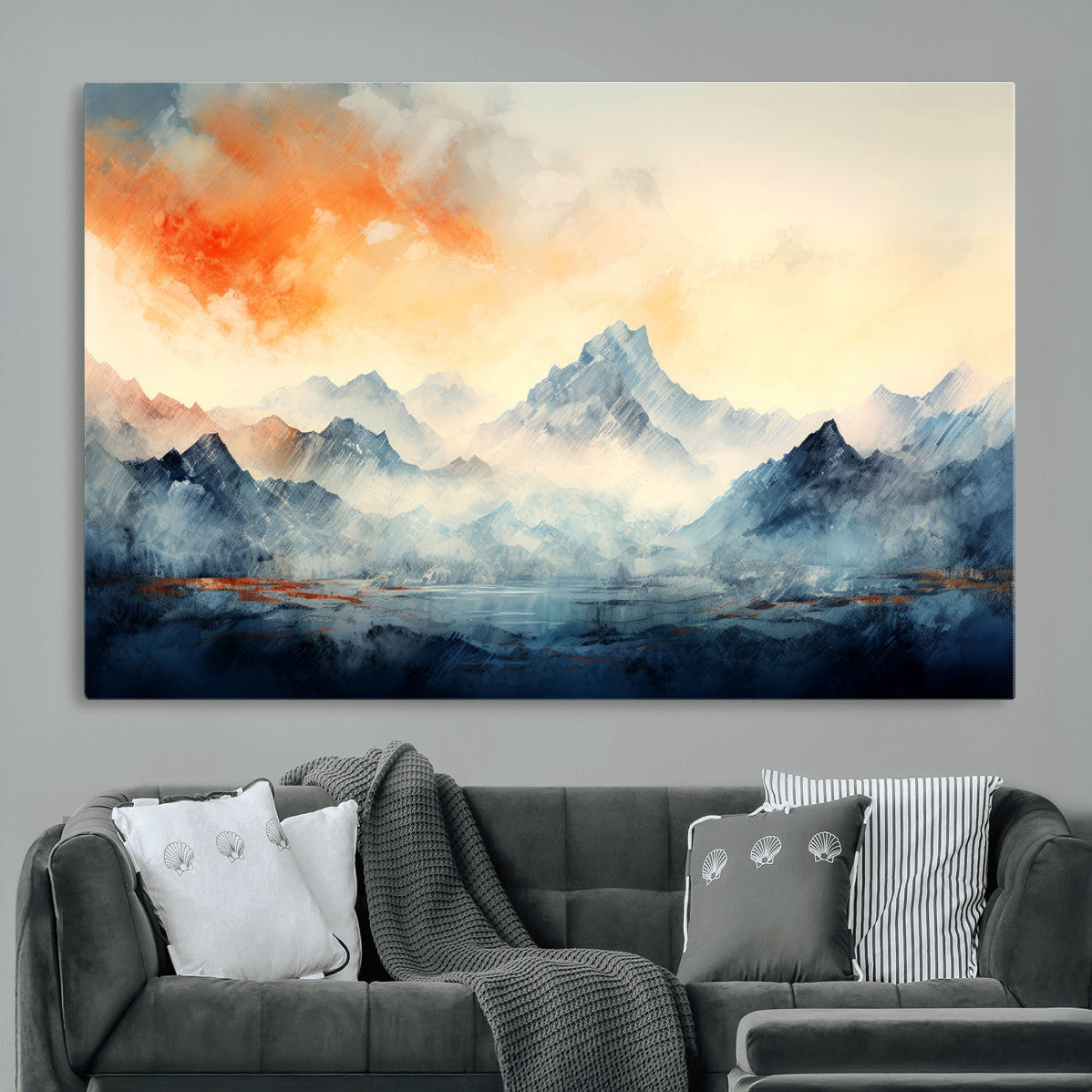 WRM1005-MGV-CV-36X24 - Warm Clouds Abstract Mountain Wall Art, Modern Landscape Canvas Print, Minimal Framed Artwork for Home, Office