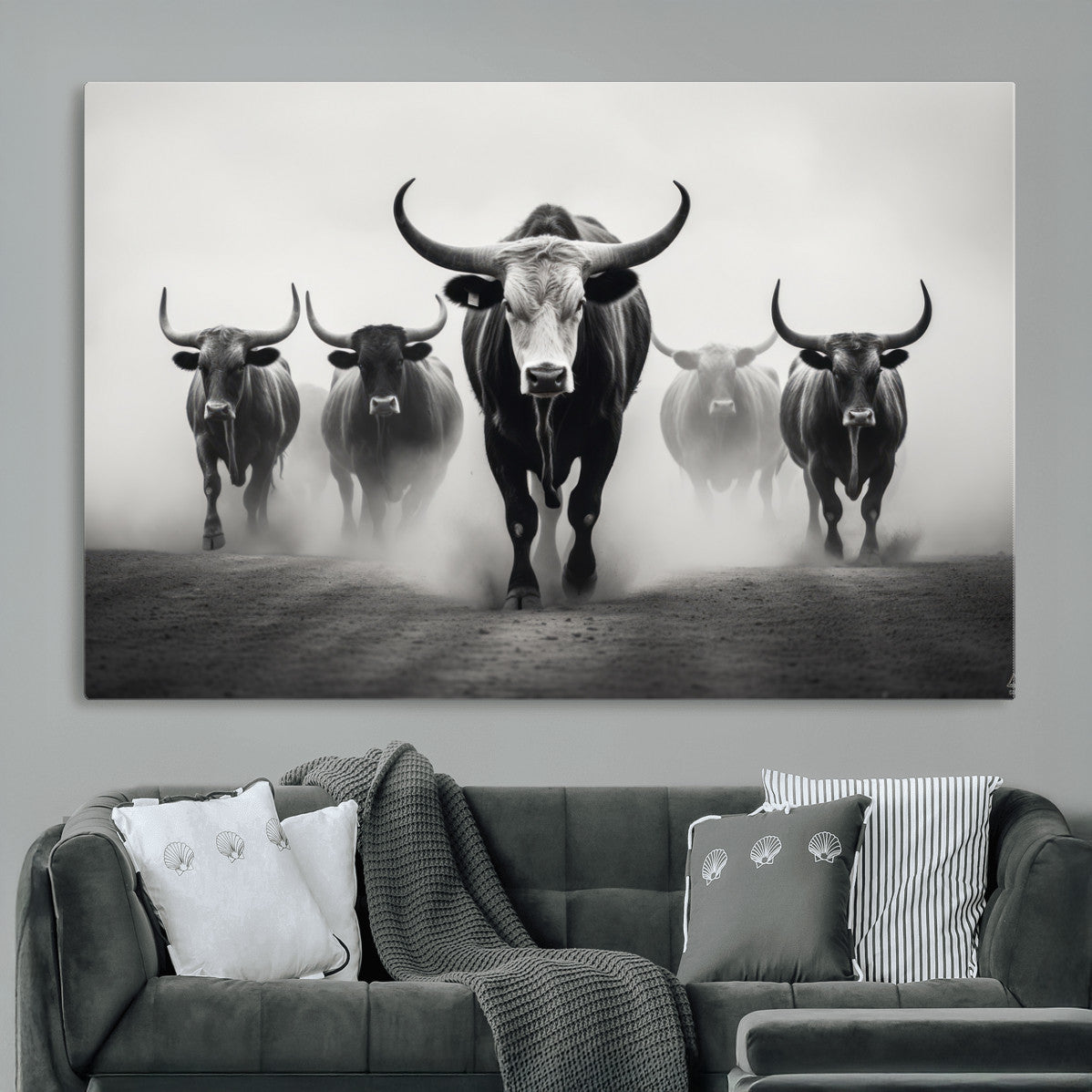 N34534C-MGV-CV-36X24 - Texas Bighorn Cow Hern Wall Art Canvas Print, Longhorn Cow Large Wall Art