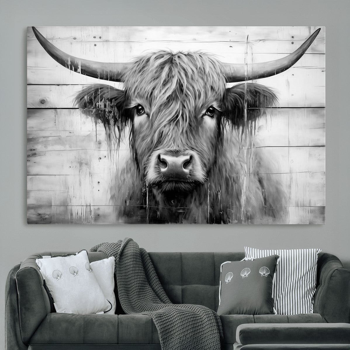 1001HASAN27-MGV-CV-36X24 - Black White Highland Cow Wall Art Canvas Print