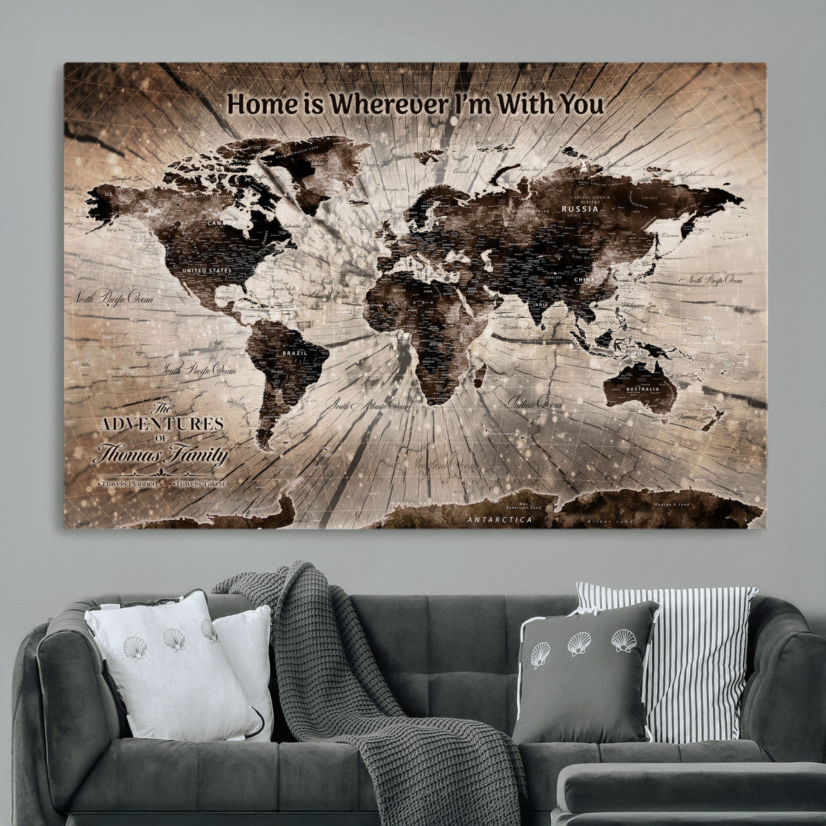 72371980-MGV-CV-36X24 - Personalized World Map Wall Art – Customizable Push Pin Framed Canvas Print Unique Travel Decor for Home, Office