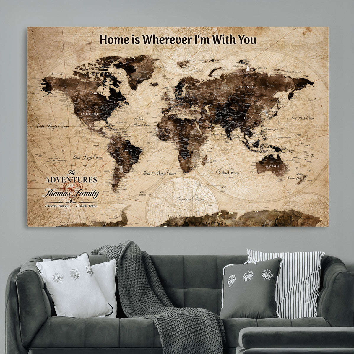 31398786-MGV-CV-36X24 - Personalized World Map Wall Art – Custom Framed Push Pin Travel Tracker Canvas Print Unique Gift for Home, Office
