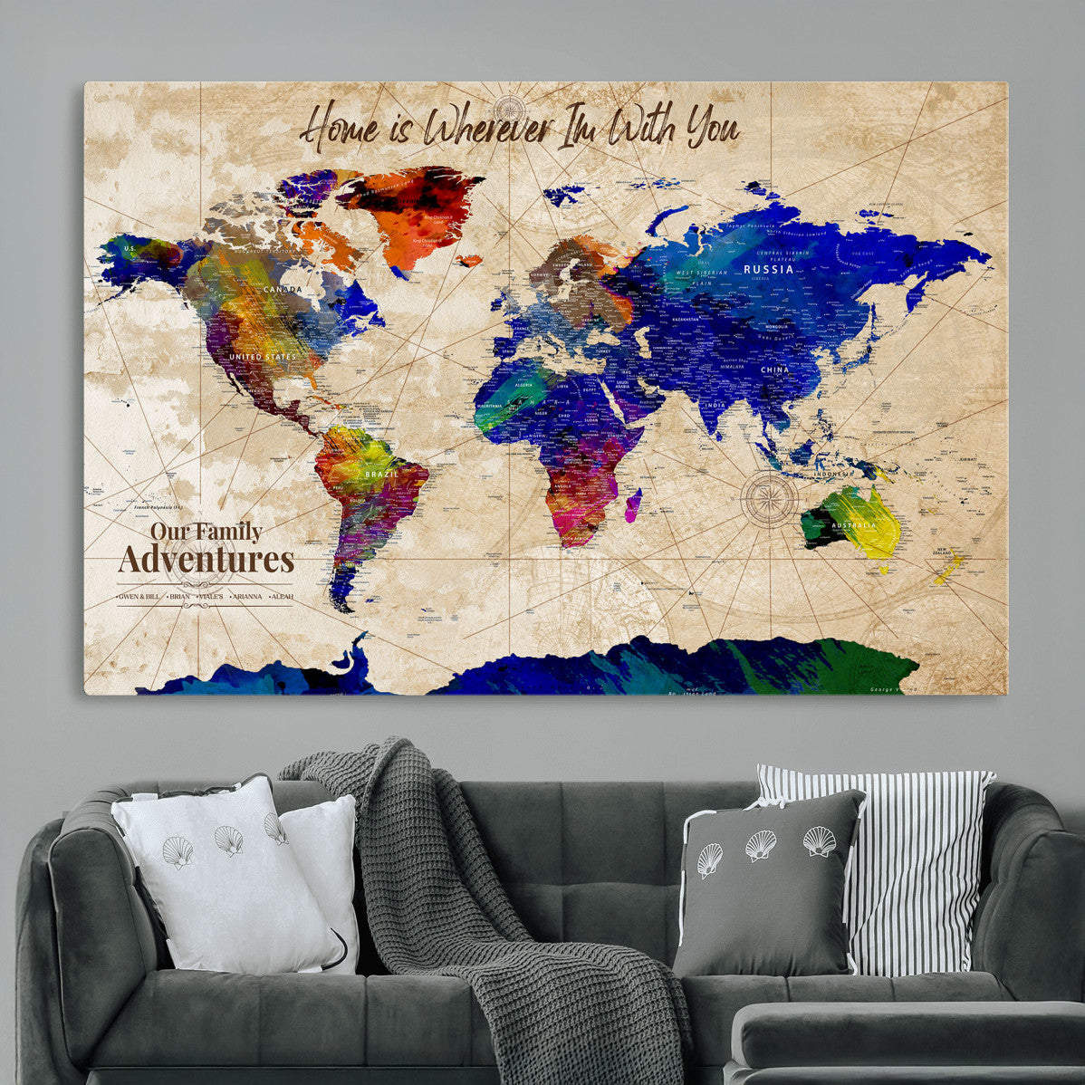 42795268-MGV-CV-36X24 - Personalized Push Pin World Map Canvas Print – Custom Adventure Travel Map, Framed Wall Art Gift for Couples or Family