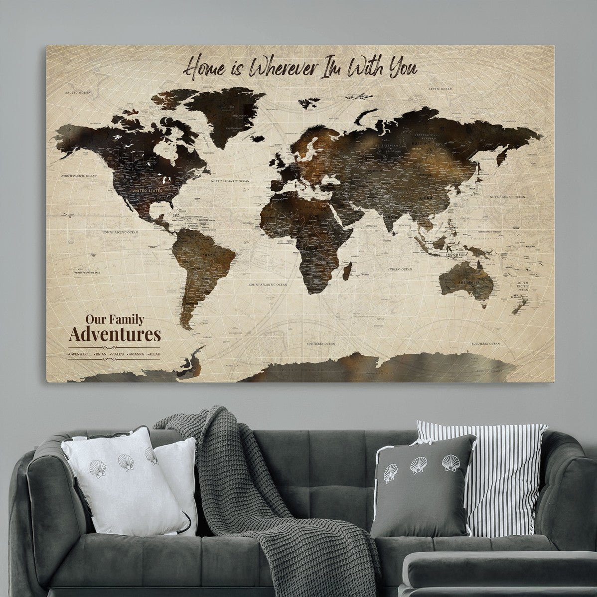 57979837-MGV-CV-36X24 - Personalized Push Pin World Map Canvas Print – Custom Framed Travel Tracker Wall Art Large Map Artwork for Home, Office