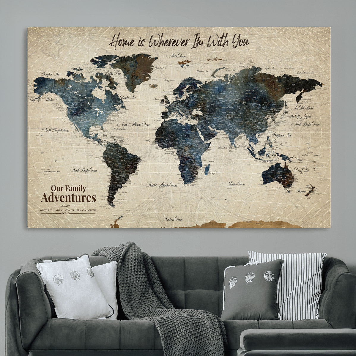 71188227-MGV-CV-36X24 - Personalized World Map Wall Art Canvas Print – Custom Push Pin Travel Map for Couples, Families, or Office Decor