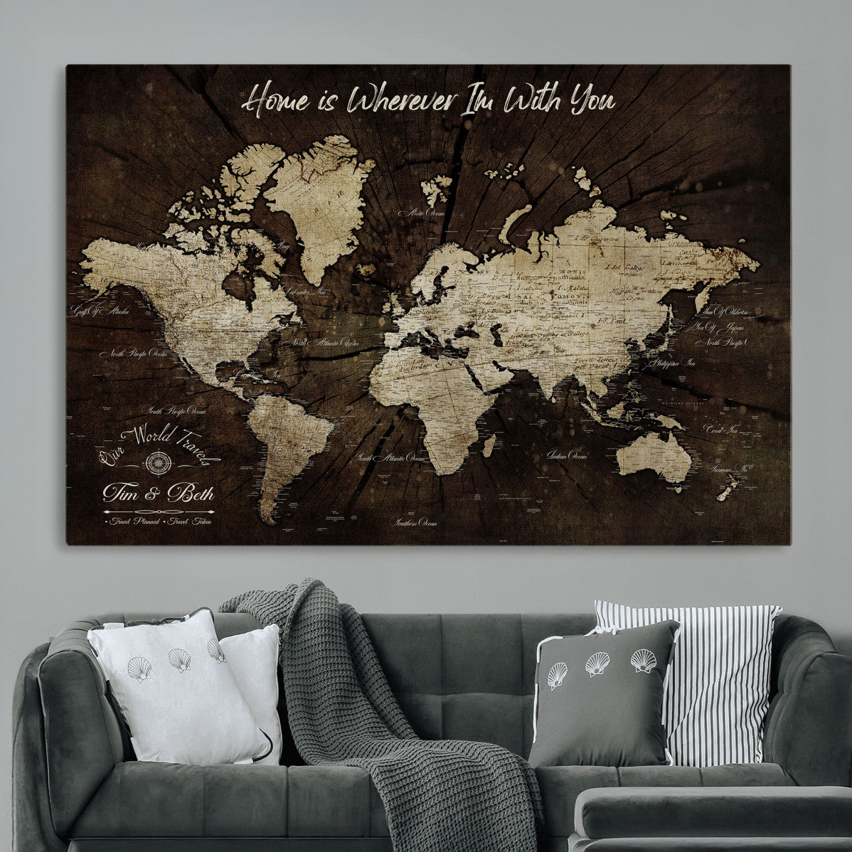 73781397-MGV-CV-36X24 - Personalized World Map Wall Art Canvas Print – Custom Push Pin Travel Map for Couples, Families, or Office Decor