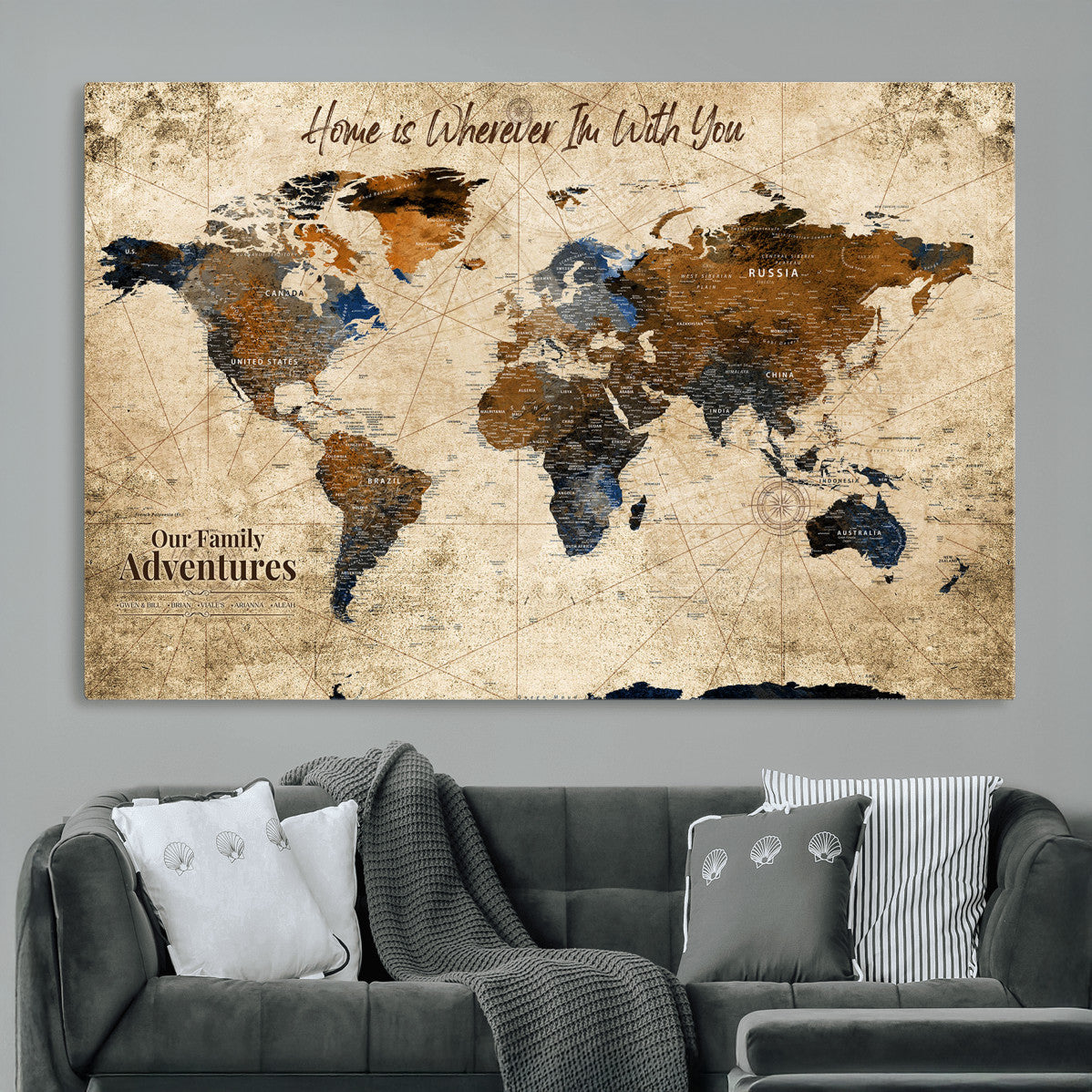 23631534-MGV-CV-36X24 - Customized Push Pin World Map Wall Art Canvas Print with Pins, Personalized Travel Tracker Map, Framed World Map for Living Room, Office and Home Decor