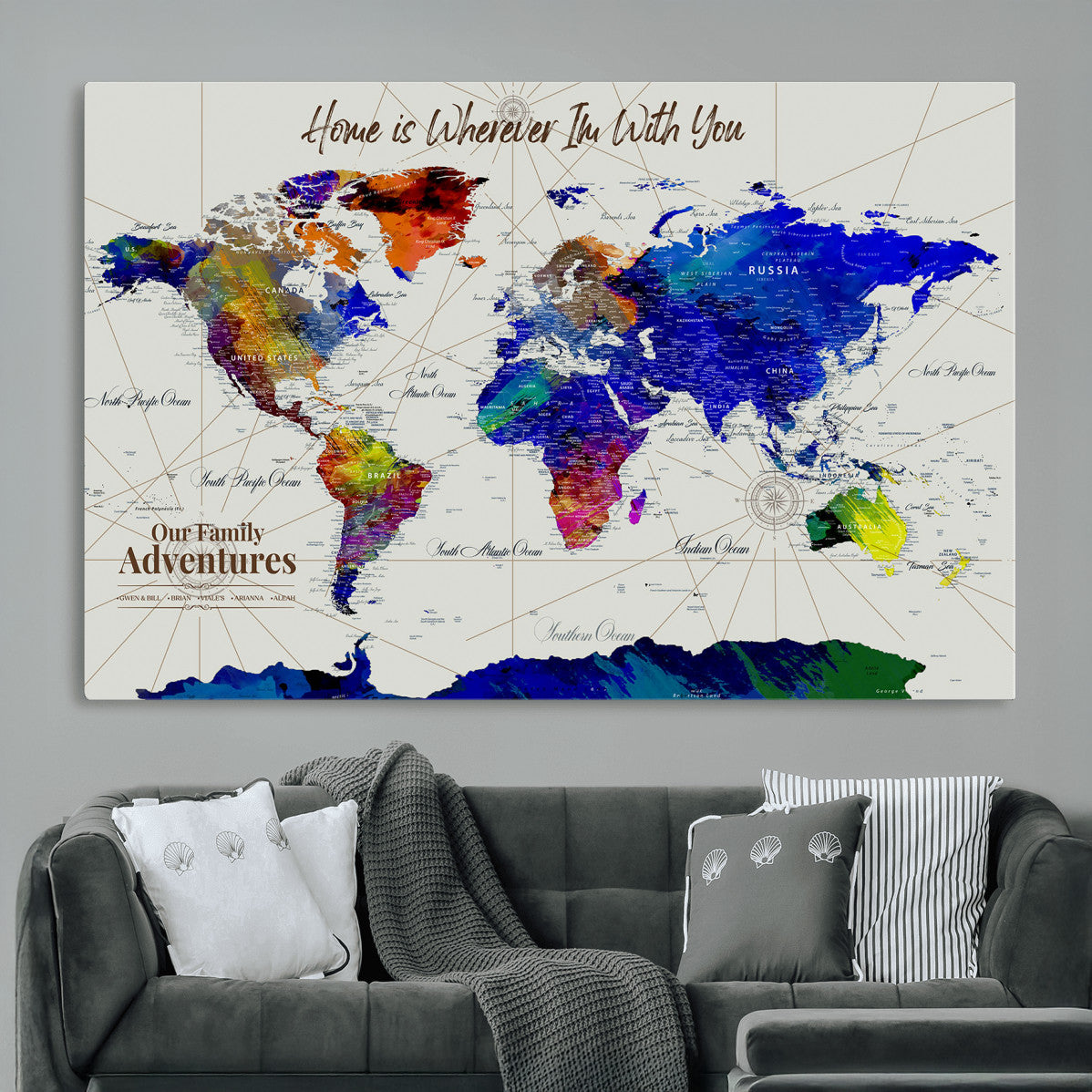 74686301-MGV-CV-36X24 - Customized Push Pin World Map Wall Art Canvas Print with Pins, Personalized Travel Tracker Map, Framed World Map for Living Room, Office and Home Decor