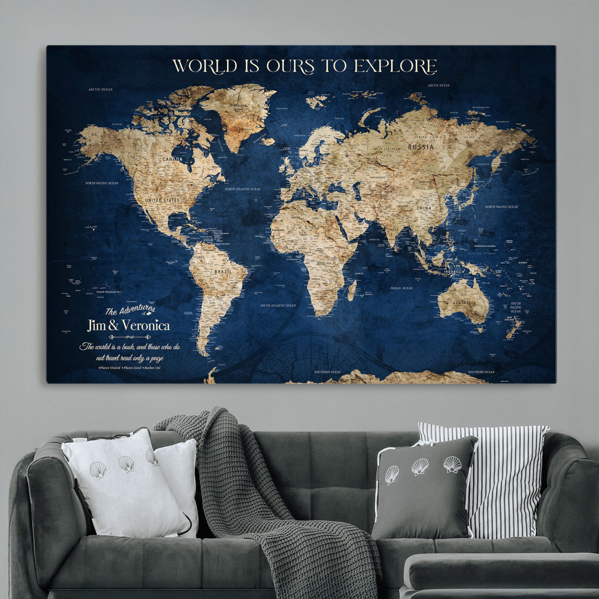 33364828-MGV-CV-36X24 - Personalized World Map Wall Art – Custom Framed Push Pin Travel Tracker Canvas Print Unique Gift for Home, Office