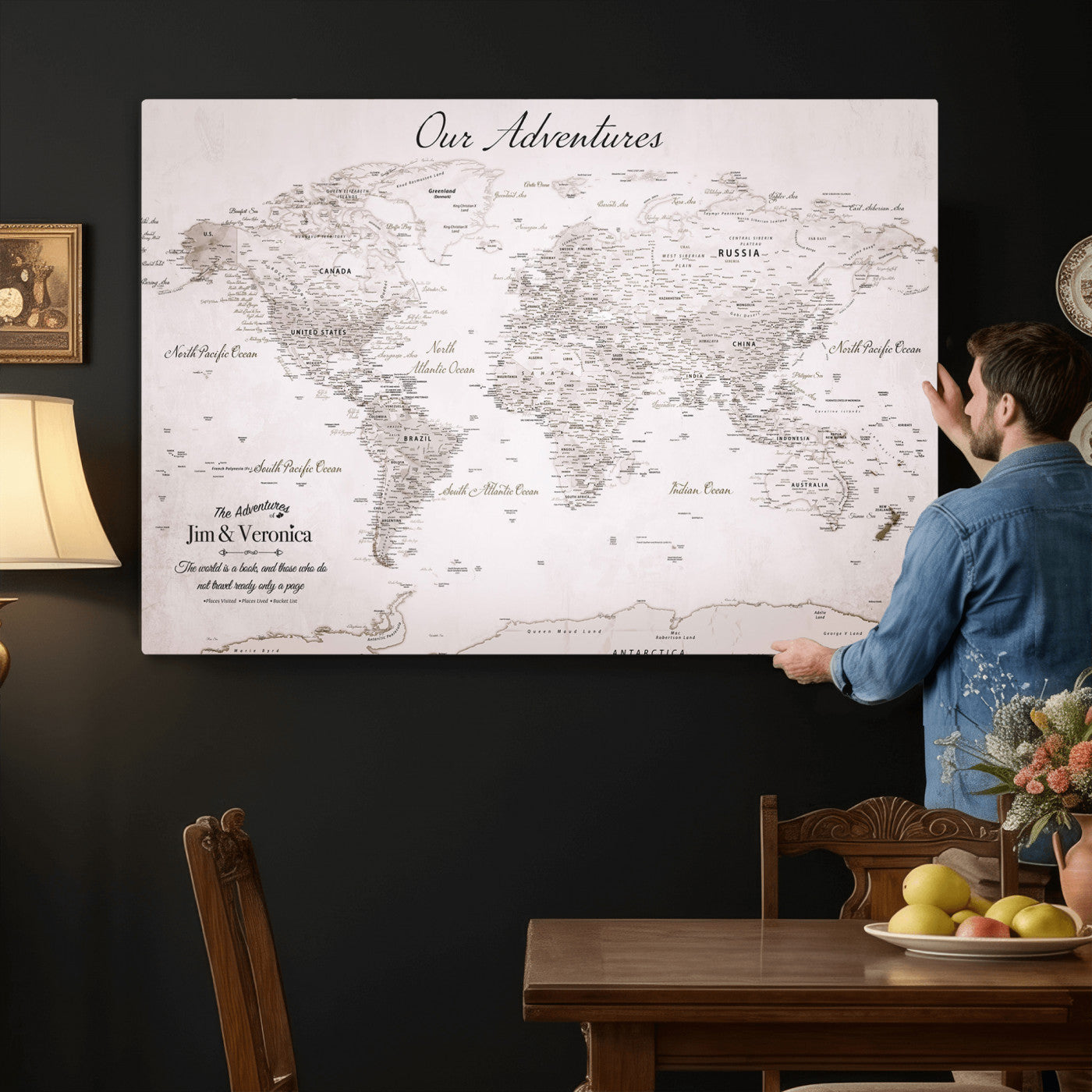 55881143-MGV-CV-36X24 - Personalized Push Pin World Map Wall Art Canvas Print with Pins – Customize Travel Tracker Map for Home and Office Décor