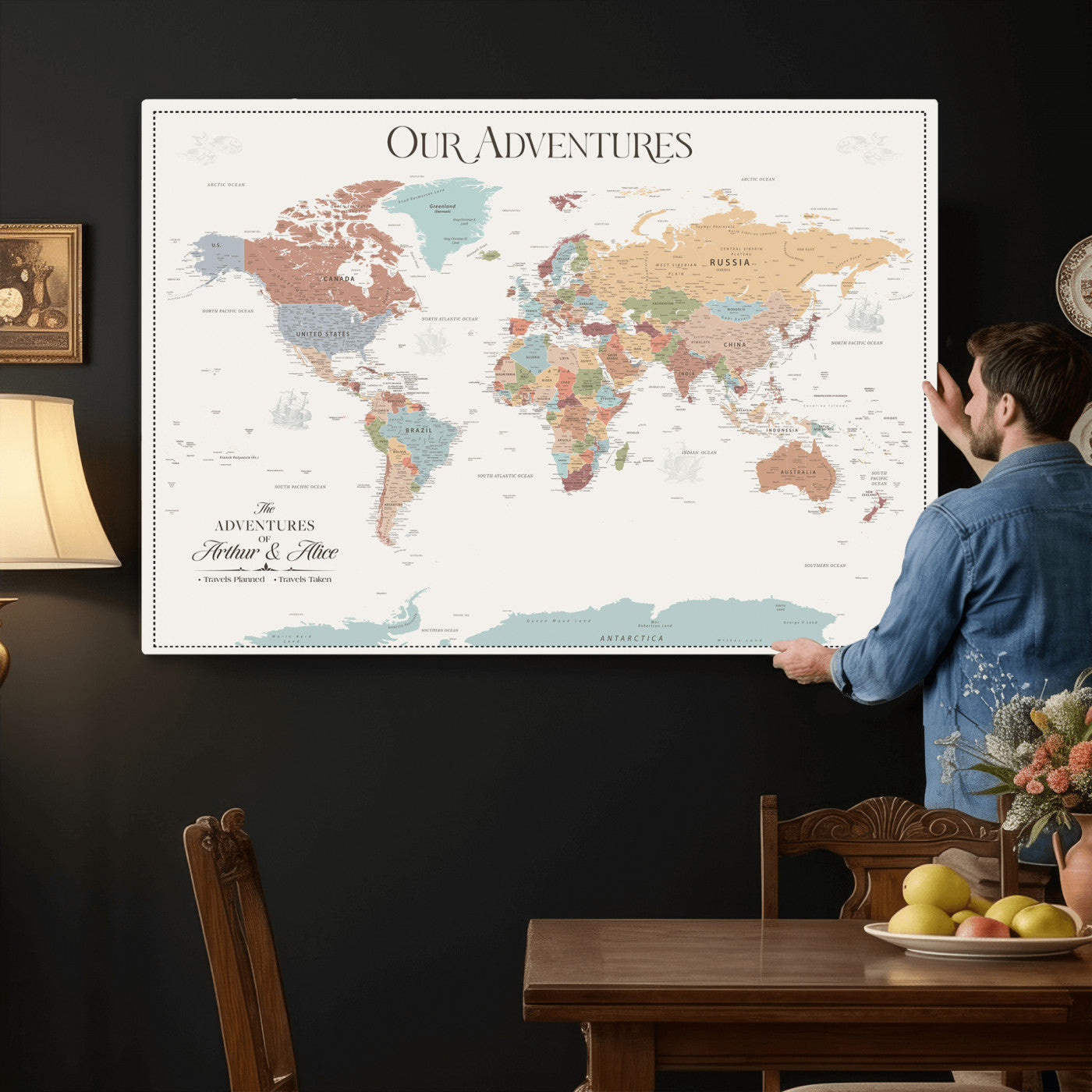 63033739-MGV-CV-36X24 - Personalized Push Pin World Map Wall Art Canvas Print with Pins – Customize Travel Tracker Map for Home and Office Décor