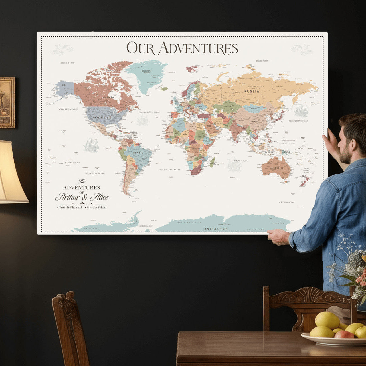 63033739-MGV-CV-36X24 - Personalized Push Pin World Map Wall Art Canvas Print with Pins – Customize Travel Tracker Map for Home and Office Décor