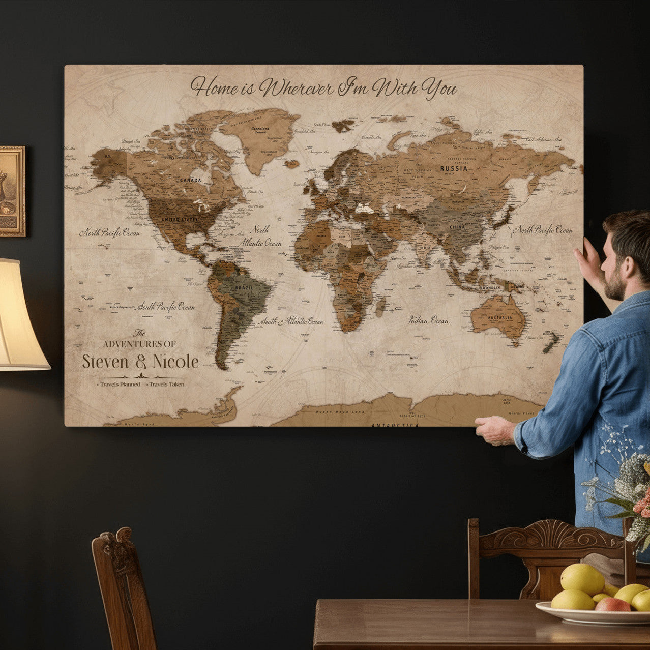 16491190-MGV-CV-36X24 - Personalized Push Pin World Map Wall Art Canvas Print with Pins – Customize Travel Tracker Map for Home and Office Décor