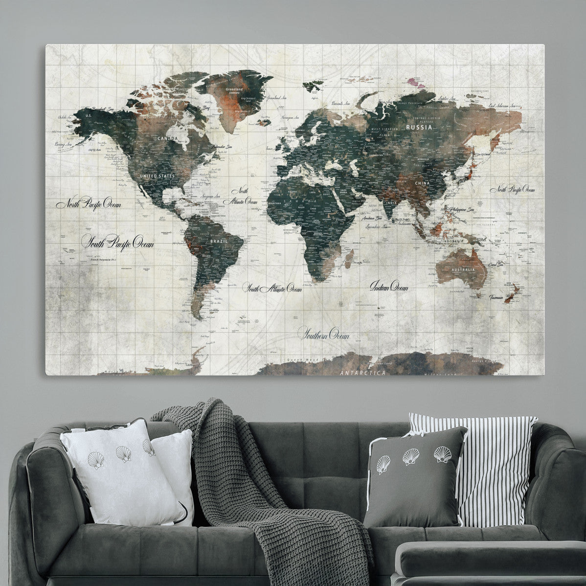 90149079-MGV-CV-36X24 - World Map Wall Art Canvas Print, Modern Decorative Framed Map Artwork Prints for Living Room, Office, Bedroom Wall Decor
