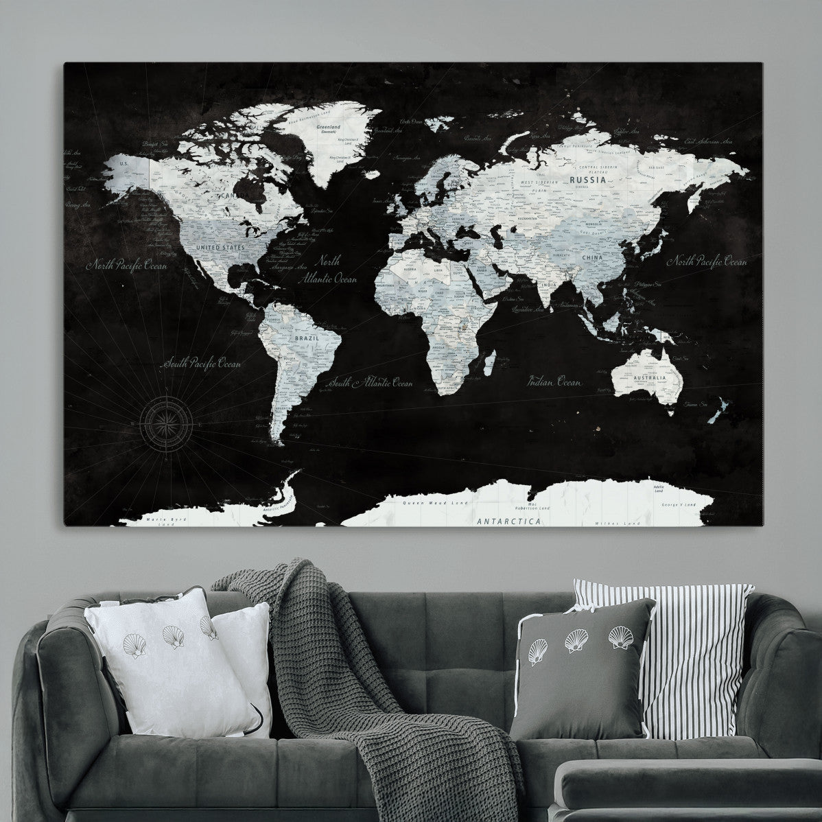 30759283-MGV-CV-36X24 - World Map Wall Art Canvas Print, Modern Decorative Framed Map Artwork Prints for Living Room, Office, Bedroom Wall Decor