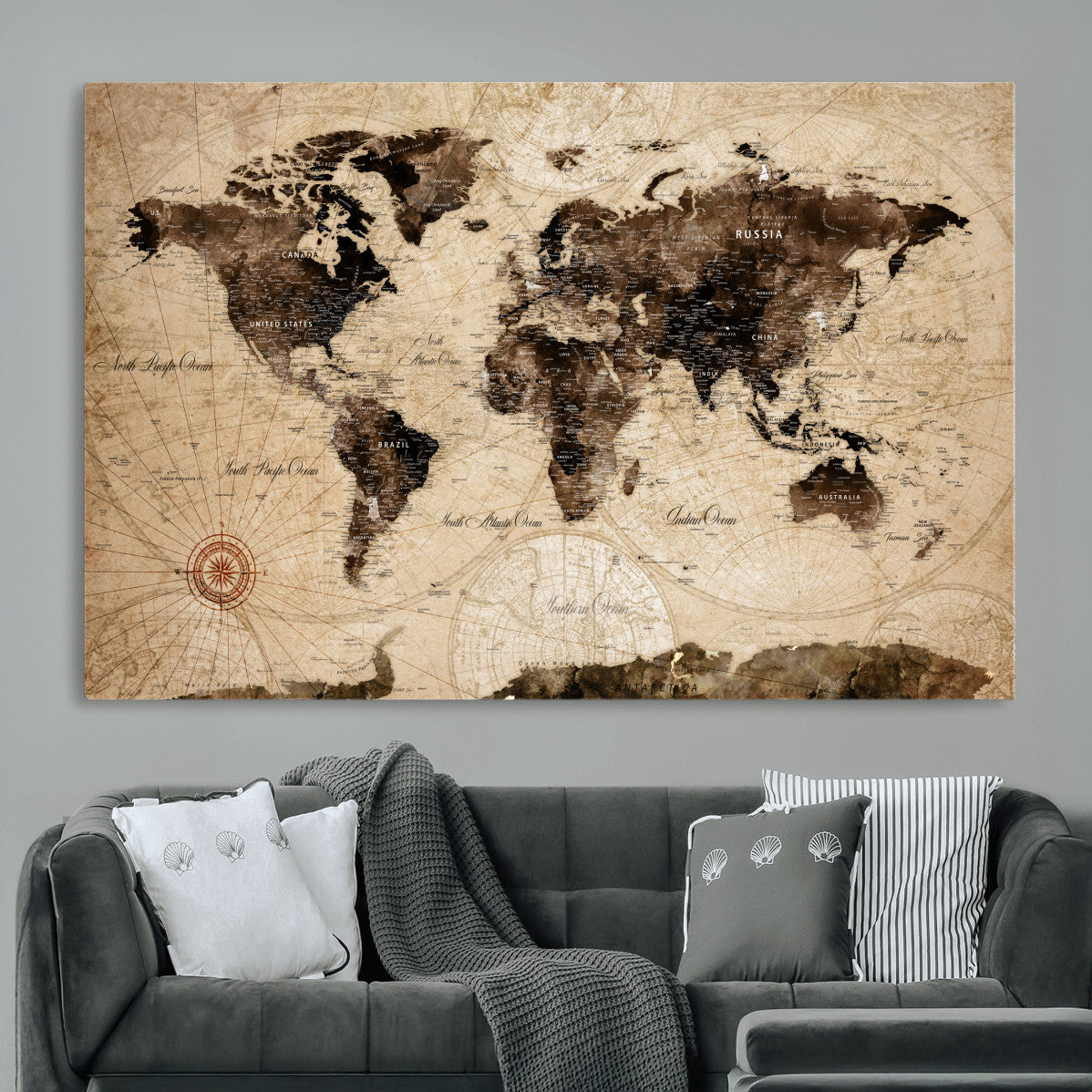 97114757-MGV-CV-36X24 - Vintage World Map Wall Art Canvas Print, Modern Decorative Framed Map Artwork Prints for Living Room, Office, Bedroom Wall Decor