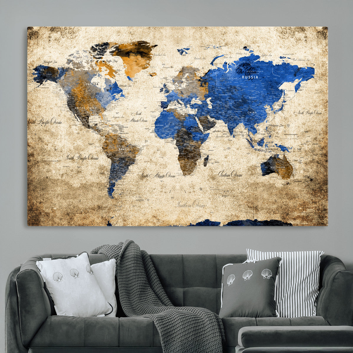 13564339-MGV-CV-36X24 - World Map Wall Art Canvas Print, Modern Decorative Framed Map Artwork Prints for Living Room, Office, Bedroom Wall Decor