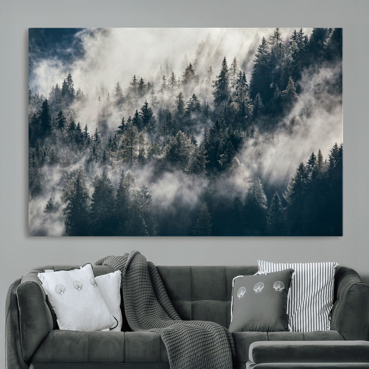 270372951-MGV-CV-36X24 - Misty Pine Forest Canvas Wall Art – Dark Forest Mountaing and Nature Landscape Print, Horizontal Canvas Print