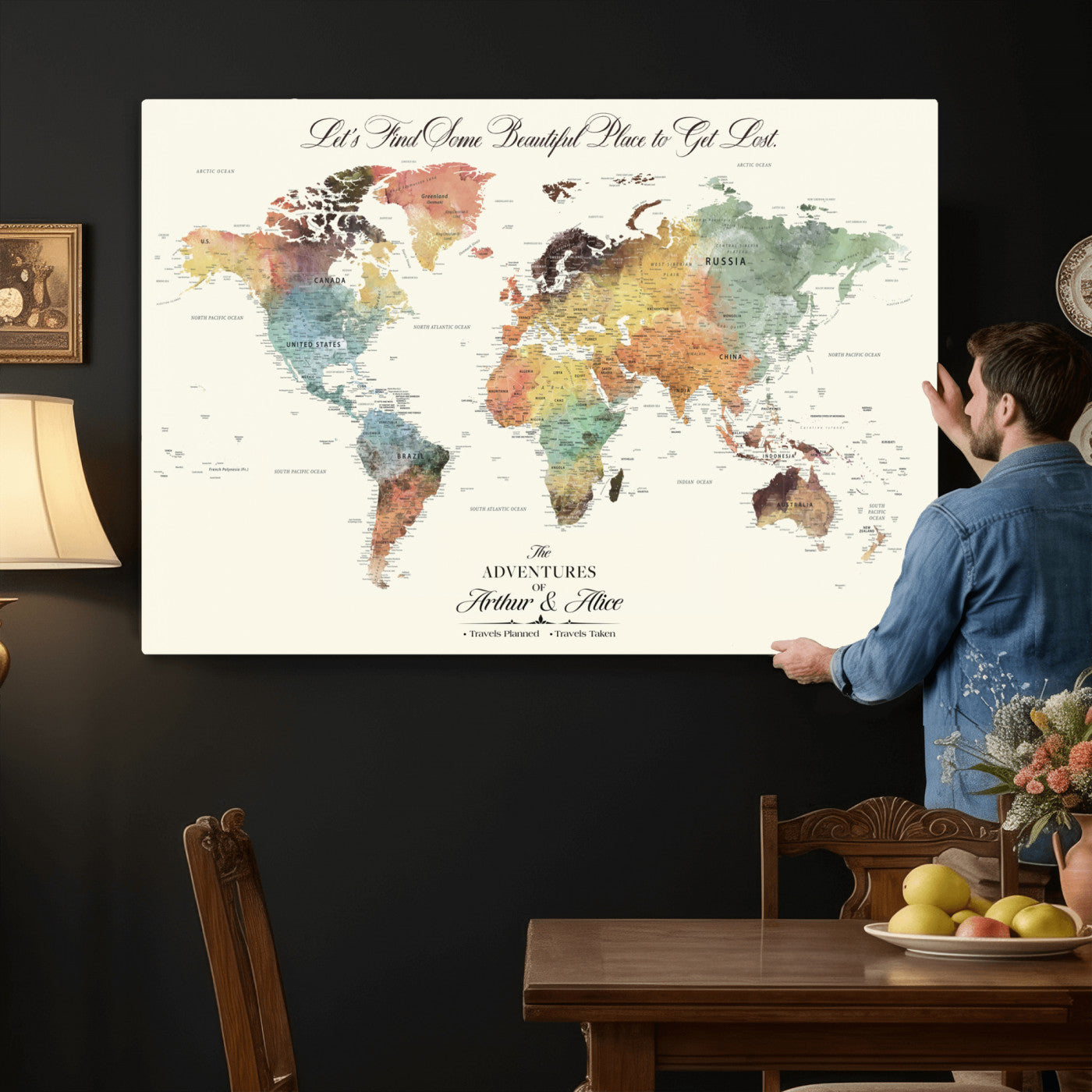67119830-MGV-CV-36X24 - Customized Push Pin World Map Wall Art Canvas Print with Pins, Framed Personalize Travel Tracker Map, World Map for Living Room and Office Decor