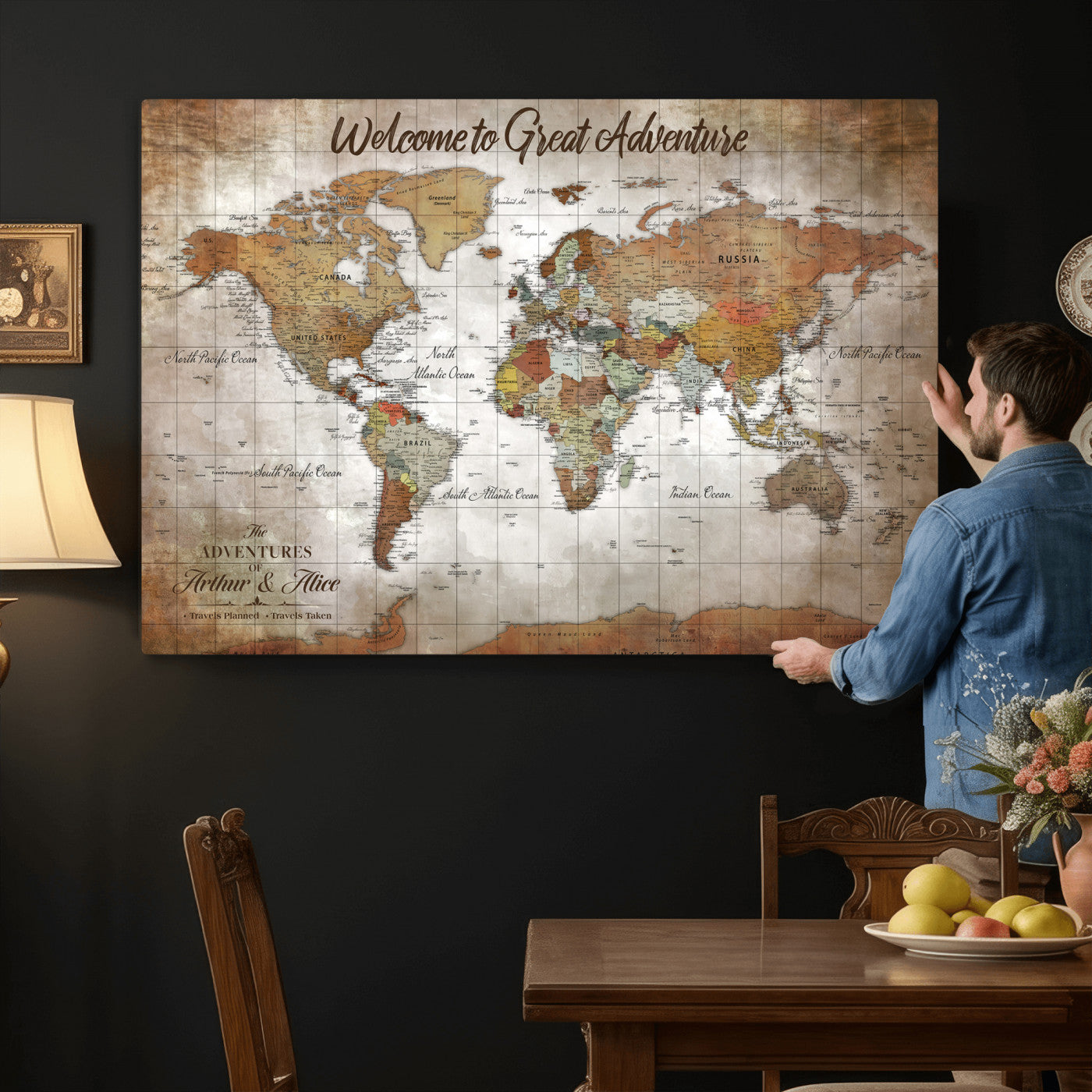 94821994-MGV-CV-36X24 - Custom Push Pin World Map Wall Art Canvas Print – Personalized Travel Tracker with Pins Framed Large for Home and Office Decor