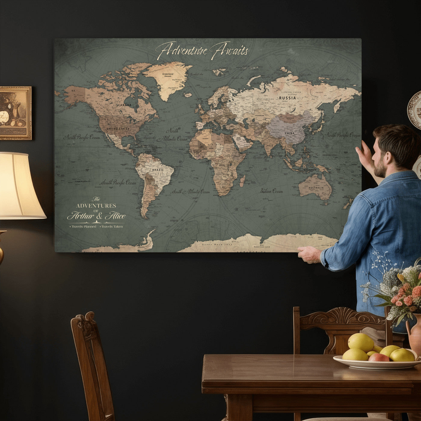 24734446-MGV-CV-36X24 - Custom Push Pin World Map Wall Art Canvas Print – Personalized Travel Tracker with Pins Framed Large for Home and Office Decor