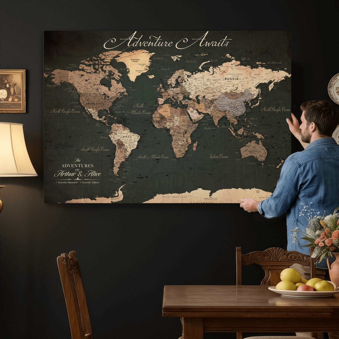 74987709-MGV-CV-36X24 - Custom Push Pin World Map Wall Art Canvas Print – Personalized Travel Tracker with Pins Framed Large for Home and Office Decor