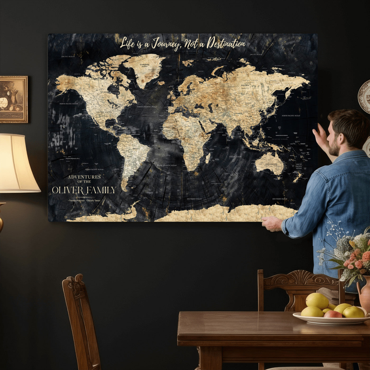 77472096-MGV-CV-36X24 - Custom Push Pin World Map Wall Art Canvas Print – Personalized Travel Tracker with Pins Framed Large for Home and Office Decor