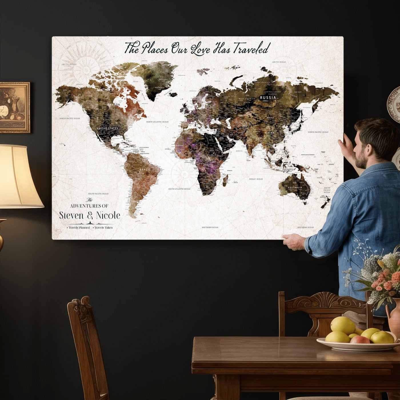 34345515-MGV-CV-36X24 - Custom Push Pin World Map Wall Art Canvas Print – Personalized Travel Tracker with Pins Framed Large for Home and Office Decor